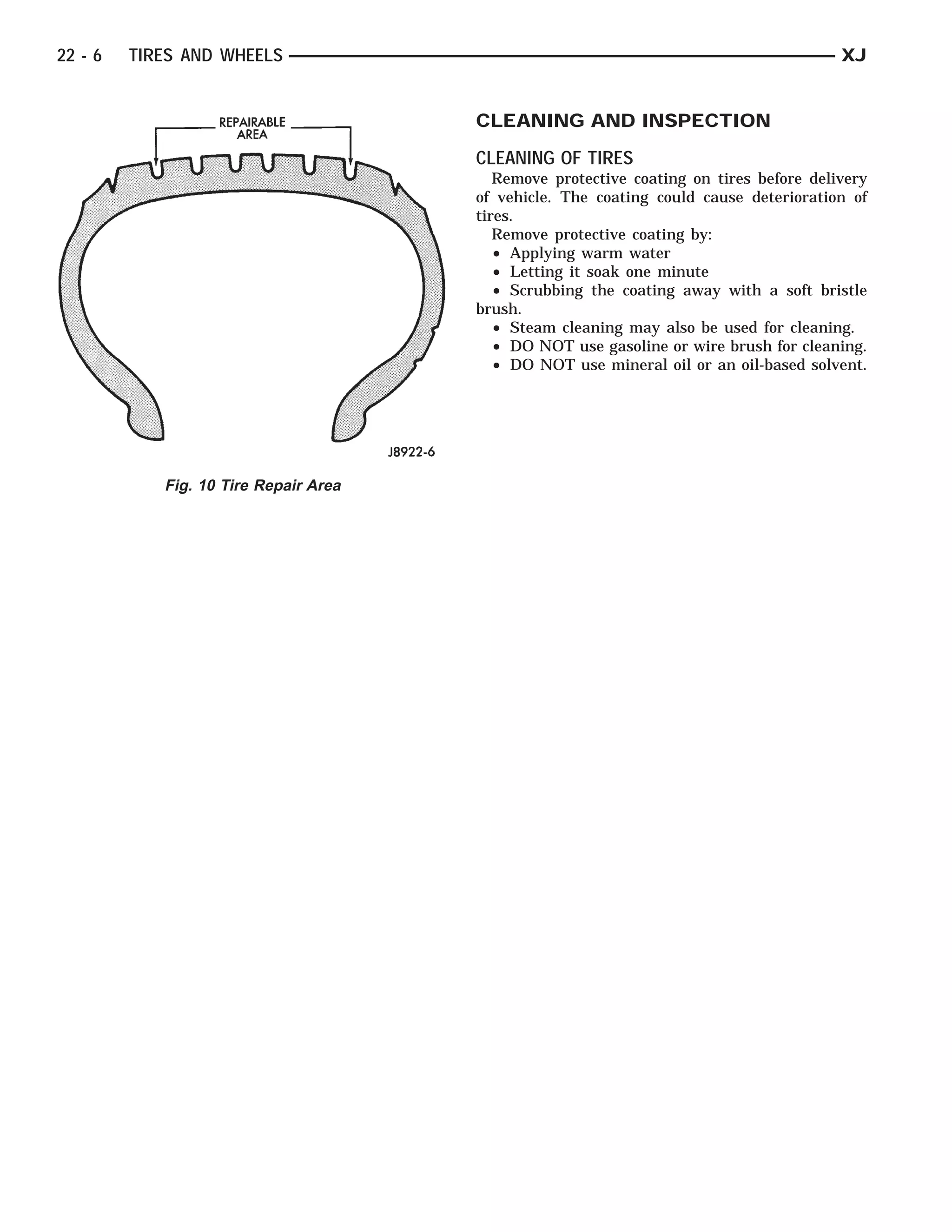 REPAIR-
                     ABLE AREA



22 - 6   TIRES AND WHEELS                                                               XJ


                                       CLEANING AND INSPECTION
                                       CLEANING OF TIRES
                                          Remove protective coating on tires before delivery
                                       of vehicle. The coating could cause deterioration of
                                       tires.
                                          Remove protective coating by:
                                          • Applying warm water
                                          • Letting it soak one minute
                                          • Scrubbing the coating away with a soft bristle
                                       brush.
                                          • Steam cleaning may also be used for cleaning.
                                          • DO NOT use gasoline or wire brush for cleaning.
                                          • DO NOT use mineral oil or an oil-based solvent.




            Fig. 10 Tire Repair Area
 
