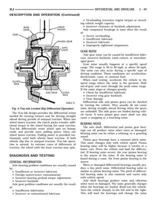 CLUTCH PACK
     CASE       RING GEAR        SIDE GEAR   PINION PINION
                                             DRIVE GEAR
                                              CLUTCH PACK
                                               MATE SHAFT



XJ                                                                      DIFFERENTIAL AND DRIVELINE           3 - 49
DESCRIPTION AND OPERATION (Continued)
                                                                • Overloading (excessive engine torque) or exceed-
                                                             ing vehicle weight capacity.
                                                                • Incorrect clearance or backlash adjustment.
                                                                Axle component breakage is most often the result
                                                             of:
                                                                • Severe overloading.
                                                                • Insufficient lubricant.
                                                                • Incorrect lubricant.
                                                                • Improperly tightened components.

                                                             GEAR NOISE
                                                                Axle gear noise can be caused by insufficient lubri-
                                                             cant, incorrect backlash, tooth contact, or worn/dam-
                                                             aged gears.
                                                                Gear noise usually happens at a specific speed
                                                             range. The range is 30 to 40 mph, or above 50 mph.
                                                             The noise can also occur during a specific type of
                                                             driving condition. These conditions are acceleration,
                                                             deceleration, coast, or constant load.
                                                                When road testing, accelerate the vehicle to the
                                                             speed range where the noise is the greatest. Shift
                                                             out-of-gear and coast through the peak–noise range.
                                                             If the noise stops or changes greatly:
                                                                • Check for insufficient lubricant.
                                                                • Incorrect ring gear backlash.
                                                                • Gear damage.
                                                                Differential side and pinion gears can be checked
                                                             by turning the vehicle. They usually do not cause
 Fig. 4 Trac-lok Limited Slip Differential Operation         noise during straight–ahead driving when the gears
                                                             are unloaded. The side gears are loaded during vehi-
   The Trac-lok design provides the differential action
                                                             cle turns. A worn pinion gear mate shaft can also
needed for turning corners and for driving straight
                                                             cause a snapping or a knocking noise.
ahead during periods of unequal traction. When one
wheel looses traction, the clutch packs transfer addi-
                                                             BEARING NOISE
tional torque to the wheel having the most traction.
                                                                The axle shaft, differential and pinion gear bear-
Trac-lok differentials resist wheel spin on bumpy
                                                             ings can all produce noise when worn or damaged.
roads and provide more pulling power when one
                                                             Bearing noise can be either a whining, or a growling
wheel looses traction. Pulling power is provided con-
                                                             sound.
tinuously until both wheels loose traction. If both
                                                                Pinion gear bearings have a constant–pitch noise.
wheels slip due to unequal traction, Trac-lok opera-
                                                             This noise changes only with vehicle speed. Pinion
tion is normal. In extreme cases of differences of
                                                             bearing noise will be higher because it rotates at a
traction, the wheel with the least traction may spin.
                                                             faster rate. Drive the vehicle and load the differen-
                                                             tial. If bearing noise occurs, the rear pinion bearing
DIAGNOSIS AND TESTING                                        is the source of the noise. If the bearing noise is
                                                             heard during a coast, the front pinion bearing is the
GENERAL INFORMATION                                          source.
   Axle bearing problem conditions are usually caused           Worn or damaged differential bearings usually pro-
by:                                                          duce a low pitch noise. Differential bearing noise is
   • Insufficient or incorrect lubricant.                    similar to pinion bearing noise. The pitch of differen-
   • Foreign matter/water contamination.                     tial bearing noise is also constant and varies only
   • Incorrect bearing preload torque adjustment.            with vehicle speed.
   • Incorrect backlash.                                        Axle shaft bearings produce noise and vibration
   Axle gear problem conditions are usually the result       when worn or damaged. The noise generally changes
of:                                                          when the bearings are loaded. Road test the vehicle.
   • Insufficient lubrication.                               Turn the vehicle sharply to the left and to the right.
   • Incorrect or contaminated lubricant.                    This will load the bearings and change the noise
 