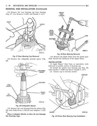 OIL SLINGER
   DRIVER BEAR-
   REAR      ING                                IBLE PINION
                                                COLLAPS- GEAR
                                                  SHOULDER
                                                    SPACER
                                                      HANDLE    DRIVE
                                                                  GEAR PINION
                                                                    HANDLE
                                                                    ADAPTERS
                                                                        SHAFT   SPECIAL   C-293–PA
                                                                                             TOOL        INSTALLER   VISE



3 - 98      DIFFERENTIAL AND DRIVELINE                                                                               XJ
REMOVAL AND INSTALLATION (Continued)
  (11) Remove the rear bearing cup from housing
(Fig. 27). Use Remover C-4307 and Handle C–4171.




                                                                                Fig. 29 Rear Bearing Removal
           Fig. 27 Rear Bearing Cup Removal                       (14) Remove the depth shims from the pinion gear
  (12) Remove the collapsible preload spacer (Fig.              shaft. Record the thickness of the depth shims.
28).
                                                                INSTALLATION
                                                                  (1) Apply Mopar௡ Door Ease, or equivalent, stick
                                                                lubricant to outside surface of bearing cup.
                                                                  (2) Install the pinion rear bearing cup (Fig. 30)
                                                                with Installer C-4308 and Driver Handle C–4171.
                                                                  (3) Ensure cup is correctly seated.




                   Fig. 28 Collapsible Spacer
  (13) Remove the rear bearing from the pinion (Fig.
29) with Puller/Press C-293-PA and Adapters C-293-
47.
  Place 4 adapter blocks so they do not damage
the bearing cage.                                                   Fig. 30 Pinion Rear Bearing Cup Installation
 