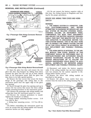 INSTRUMENT PANEL AIRBAG WIRE HARNESS
         PASSENGER SIDE DOOR
               GLOVE BOX          CONNECTOR   SCREW
                                              SCREW
                                                PASSENGER MODULE
                                                           AIRBAG     HORN SWITCH FEED
                                                                                  WIRE        RETAINER
                                                                                              WIRE       HORN   SWITCH   GROUND
                                                                                                                           WIRE
AIRBAG                                               AIRBAG   HOUS-
     DOOR                                                       ING


8M - 6      PASSIVE RESTRAINT SYSTEMS                                                                                      XJ
REMOVAL AND INSTALLATION (Continued)
                                                                        (13) Do not connect the battery negative cable at
                                                                      this time. See Airbag System in Diagnosis and Test-
                                                                      ing for the proper procedures.

                                                                      DRIVER SIDE AIRBAG TRIM COVER AND HORN
                                                                      SWITCH
                                                                      WARNING:
                                                                        • THE AIRBAG SYSTEM IS A SENSITIVE, COM-
                                                                      PLEX ELECTROMECHANICAL UNIT. BEFORE
                                                                      ATTEMPTING TO DIAGNOSE OR SERVICE ANY AIR-
                                                                      BAG SYSTEM OR RELATED STEERING WHEEL,
                                                                      STEERING COLUMN, OR INSTRUMENT PANEL
 Fig. 5 Passenger Side Airbag Connector Remove/                       COMPONENTS YOU MUST FIRST DISCONNECT
                      Install                                         AND ISOLATE THE BATTERY NEGATIVE (GROUND)
                                                                      CABLE. THEN WAIT TWO MINUTES FOR THE SYS-
                                                                      TEM CAPACITOR TO DISCHARGE BEFORE FUR-
                                                                      THER SYSTEM SERVICE. THIS IS THE ONLY SURE
                                                                      WAY TO DISABLE THE AIRBAG SYSTEM. FAILURE
                                                                      TO DO THIS COULD RESULT IN ACCIDENTAL AIR-
                                                                      BAG DEPLOYMENT AND POSSIBLE PERSONAL
                                                                      INJURY.
                                                                        • THE HORN SWITCH IS INTEGRAL TO THE AIR-
                                                                      BAG MODULE TRIM COVER. SERVICE OF THIS
                                                                      COMPONENT SHOULD BE PERFORMED ONLY BY
                                                                      CHRYSLER-TRAINED AND AUTHORIZED DEALER
                                                                      SERVICE TECHNICIANS. FAILURE TO TAKE THE
                                                                      PROPER PRECAUTIONS OR TO FOLLOW THE
                                                                      PROPER PROCEDURES COULD RESULT IN ACCI-
                                                                      DENTAL, INCOMPLETE, OR IMPROPER AIRBAG
                                                                      DEPLOYMENT AND POSSIBLE PERSONAL INJURY.
Fig. 6 Passenger Side Airbag Module Remove/Install                      (1) Disconnect and isolate the battery negative
   (7) Open the glove box door and remove the two                     cable. If the airbag module has not been deployed,
glove box door stop bumpers by sliding them down                      wait two minutes for the system capacitor to dis-
towards the glove box bin and out of their slotted                    charge before further service.
holes in the instrument panel. Roll the glove box                       (2) Remove the driver side airbag module as
door down to its fully opened position.                               described in this group.
   (8) Remove the four screws that secure the lower                     (3) Remove the plastic horn switch feed wire
flange of the passenger side airbag door to the                       retainer from the stud on the airbag housing (Fig. 7).
instrument panel near the upper edge of the glove
box opening.
   (9) Reach through the glove box opening and up to
remove the two screws that secure the lower airbag
module mounting brackets to the instrument panel.
   (10) Remove the passenger side airbag module and
airbag door from the instrument panel as a unit.
   (11) Reverse the removal procedures to install.
Tighten the hardware as follows:
   • Airbag module mounting bracket screws - 11.8
N·m (105 in. lbs.)
   • Airbag door mounting screws - 2.2 N·m (20 in.
lbs.).
   (12) Before reinstalling the instrument panel top
cover, be certain that the airbag module wire harness
connector latches are fully engaged.
                                                                          Fig. 7 Horn Switch Feed Wire Remove/Install
 