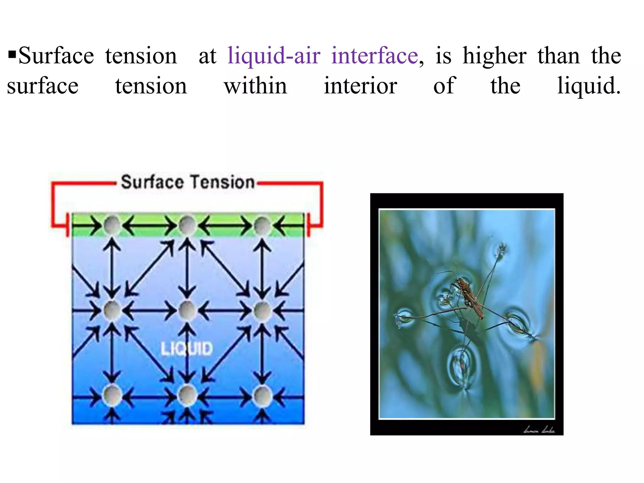 Surface tension at liquid-air interface, is higher than the
surface tension within interior of the liquid.
 