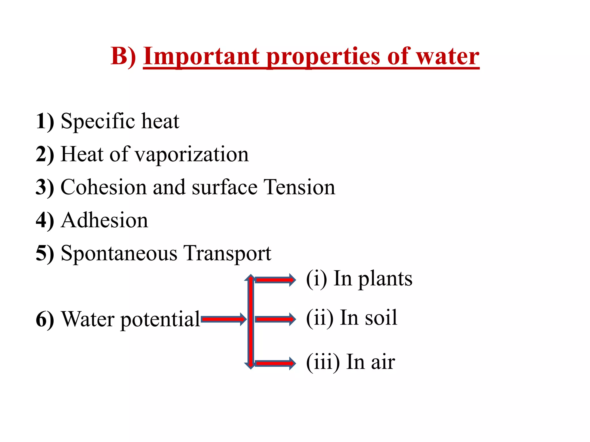 B) Important properties of water
1) Specific heat
2) Heat of vaporization
3) Cohesion and surface Tension
4) Adhesion
5) Spontaneous Transport
6) Water potential
(i) In plants
(ii) In soil
(iii) In air
 
