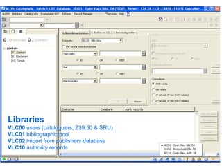 Libraries VLC00 users (cataloguers, Z39.50 & SRU) VLC01 bibliographic pool VLC02 import from publishers database VLC10 authority records
