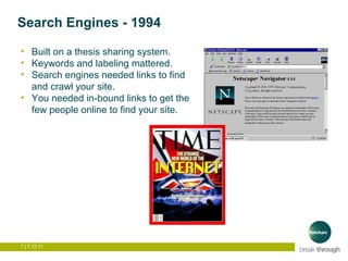 Search Engines - 1994

• Built on a thesis sharing system.
• Keywords and labeling mattered.
• Search engines needed links...