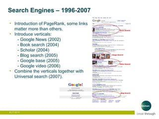 Search Engines – 1996-2007

• Introduction of PageRank, some links
  matter more than others.
• Introduce verticals:
    -...