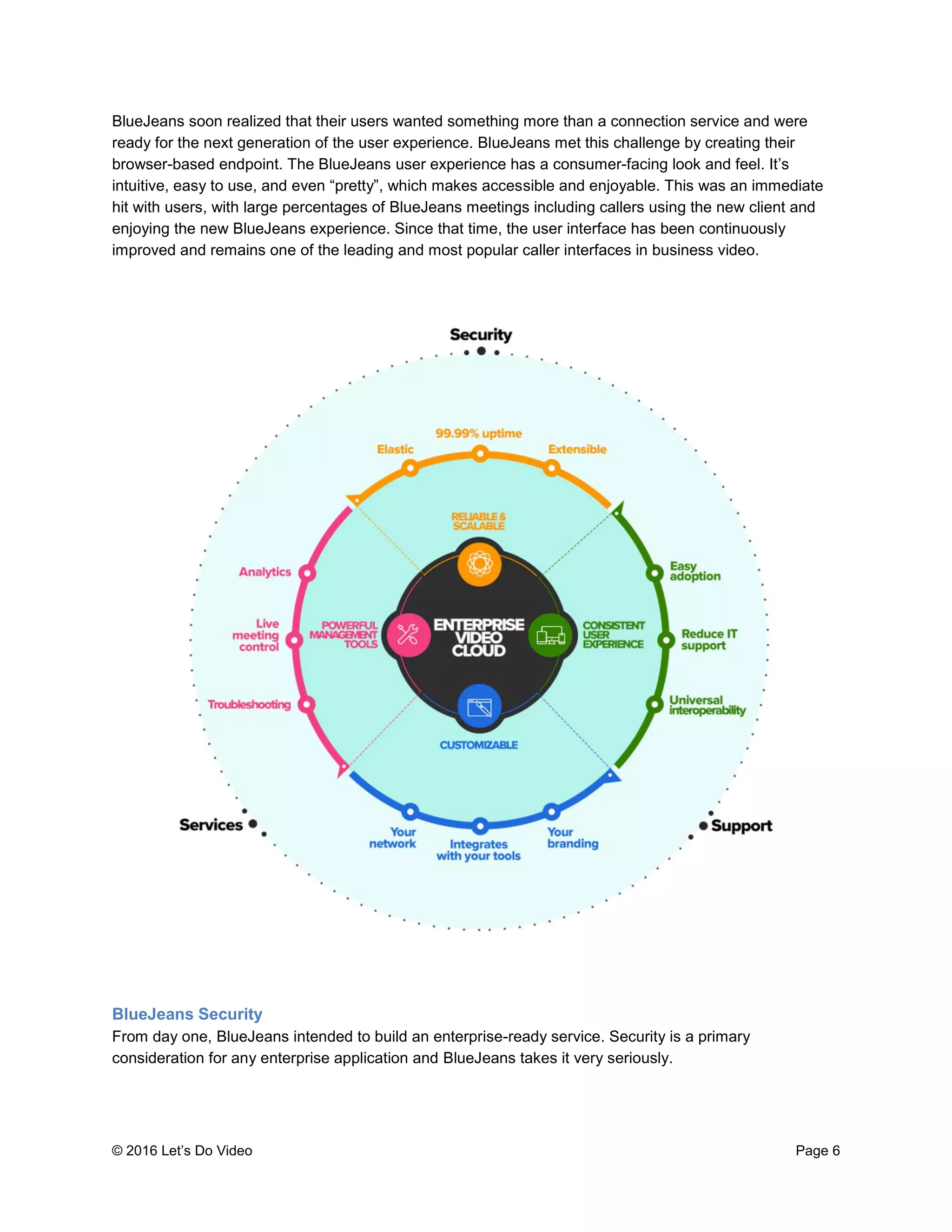 © 2016 Let’s Do Video Page 6
BlueJeans soon realized that their users wanted something more than a connection service and were
ready for the next generation of the user experience. BlueJeans met this challenge by creating their
browser-based endpoint. The BlueJeans user experience has a consumer-facing look and feel. It’s
intuitive, easy to use, and even “pretty”, which makes accessible and enjoyable. This was an immediate
hit with users, with large percentages of BlueJeans meetings including callers using the new client and
enjoying the new BlueJeans experience. Since that time, the user interface has been continuously
improved and remains one of the leading and most popular caller interfaces in business video.
BlueJeans Security
From day one, BlueJeans intended to build an enterprise-ready service. Security is a primary
consideration for any enterprise application and BlueJeans takes it very seriously.
 