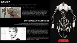 SYNERGY
-The interaction or cooperating of two or more organisations, substances, or other agents to
produce a combined effect greater than the sum of their separate effects.
-It's a business term and it also refers to companies coming together vertically or
horizontally (or both). For example; often cited in exams is of working title making use of its
parent companies to gain access to become a bigger as a company.
CROSS-MEDIA CONVERGENCE
Further examples and information:
There were no special effects, or green screens or tracking markers
used during the filming. All effects were done in post-production. To
create Ava’s robotic features, they filmed the scenes both with and
without actress Alicia Vikander’s presence, which allowed them to
capture the background behind her. The parts they wanted keep
especially like both parts, like her hands and face, were then
rotoscoped while the rest was digitally painted out and the background
behind her restored.
On the official website, they have a link that takes to a site
called avasessions.com, which is basically where the
character Ava is able to draw you and create connection,
just like a robot (technology) creating connection with a
human. This way would be a way of promoting the film
campaign by growing in the target audience and in the
film and making the film grow. This is also a way of
marketing the film, a different way of linking to the film,
which allow the target audience and the older audience to
create excitement within themselves to want and go and
watch the film once its released.
 