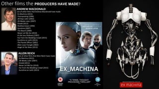 Other films the PRODUCERS HAVE MADE?
ANDREW MACDONALD
ALLON REICH
List of other films that Andrew Macdonald have made:
-Ex Machina (2015)
-Trainspotting (1996)
-28 Days Later (2002)
-28 Weeks Later (2007)
-Dredd (2012)
-Shallow Grave (1994)
-Sunshine (2007)
-The Beach (2000)
-Never Let Me Go (2010)
-A Life Less Ordinary (1997)
-Far From the Madding Crowd (2015)
-Sunshine on Leith (2013)
-The Parole Officer (2001)
-Alien Love Triangle (2002)
-Angel of the Skies (2013)
List of other films that Allon Reich have made:
-Ex Machina (2015)
-28 Weeks Later (2007)
-Dredd (2012)
-Never Let Me Go (2010)
-Far From the Madding Crowd (2015)
-Sunshine on Leith (2013)
 