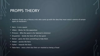 PROPPS THEORY
• Vladimir Propp was a literary critic who came up with the idea that most story's consist of certain
types of characters:
• Hero – is on a quest
• Villain – Works for the opposition
• Princess – Who the quest is for (damsel in distress)
• Dispatcher – Sends the hero off on the quest
• Donor – gives the hero something to help them
• Helper – assists the hero
• Father – rewards the hero
• False hero – once a hero but then un-masked as being a fraud
 