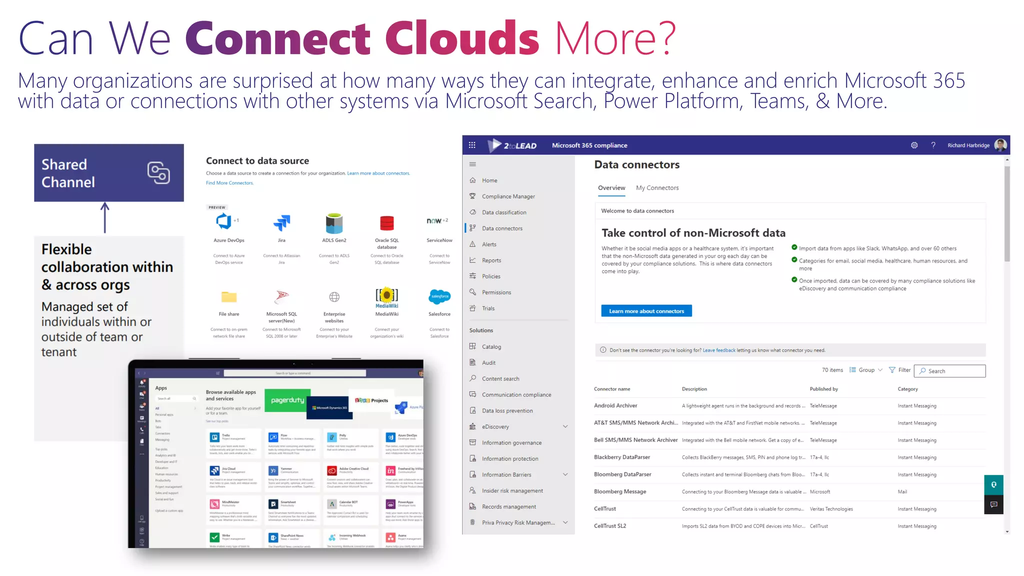 Many organizations are surprised at how many ways they can integrate, enhance and enrich Microsoft 365
with data or connections with other systems via Microsoft Search, Power Platform, Teams, & More.
 