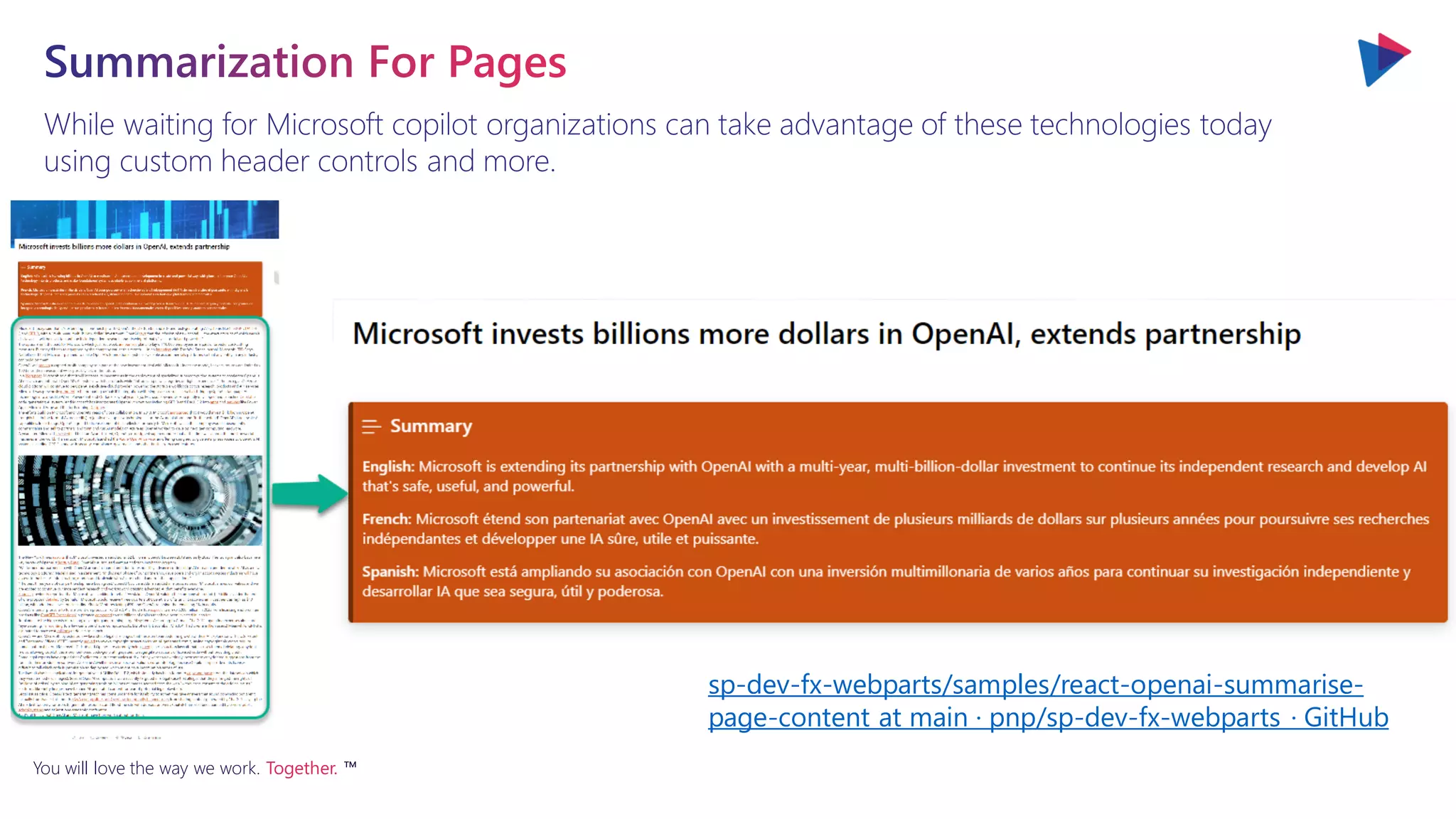 You will love the way we work. Together. ™
While waiting for Microsoft copilot organizations can take advantage of these technologies today
using custom header controls and more.
sp-dev-fx-webparts/samples/react-openai-summarise-
page-content at main · pnp/sp-dev-fx-webparts · GitHub
 