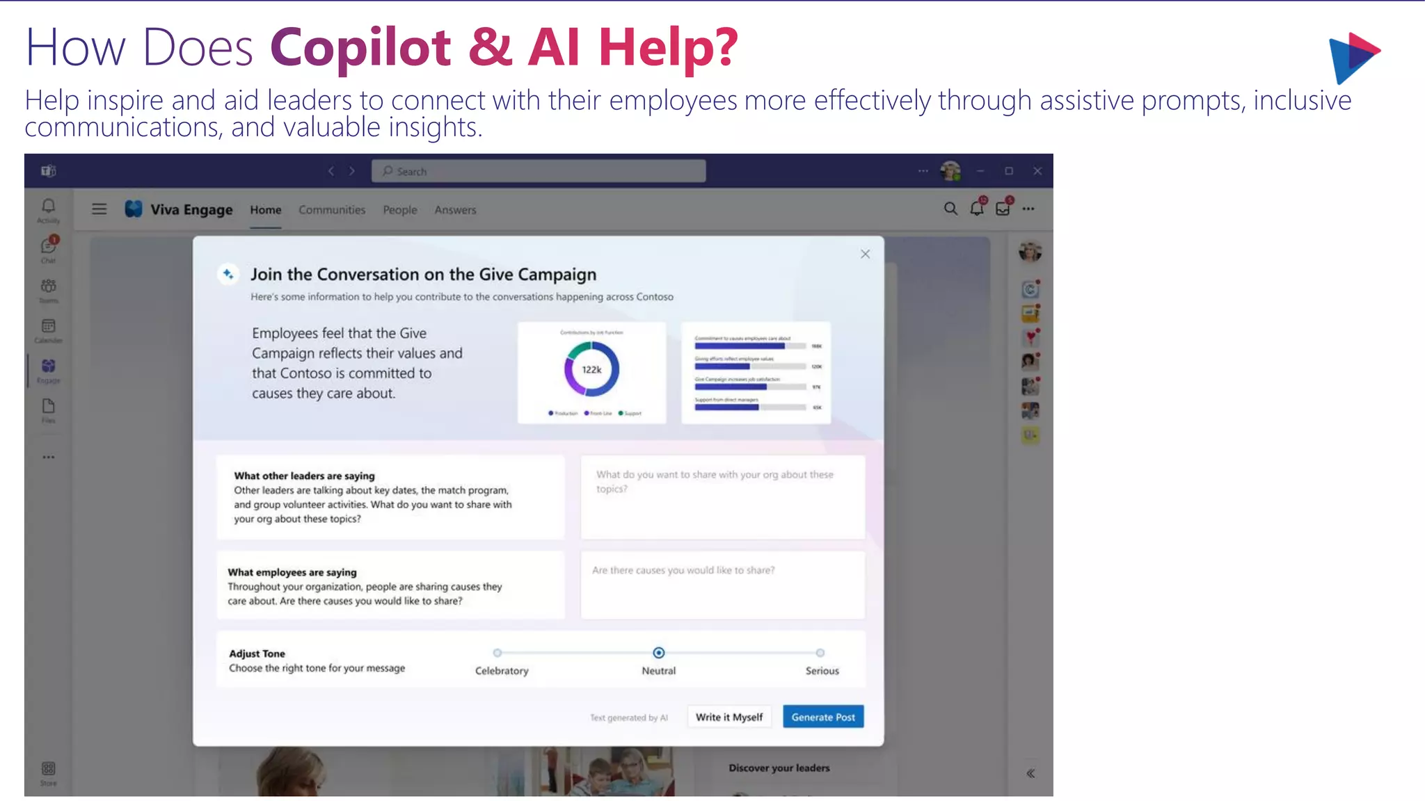Help inspire and aid leaders to connect with their employees more effectively through assistive prompts, inclusive
communications, and valuable insights.
 