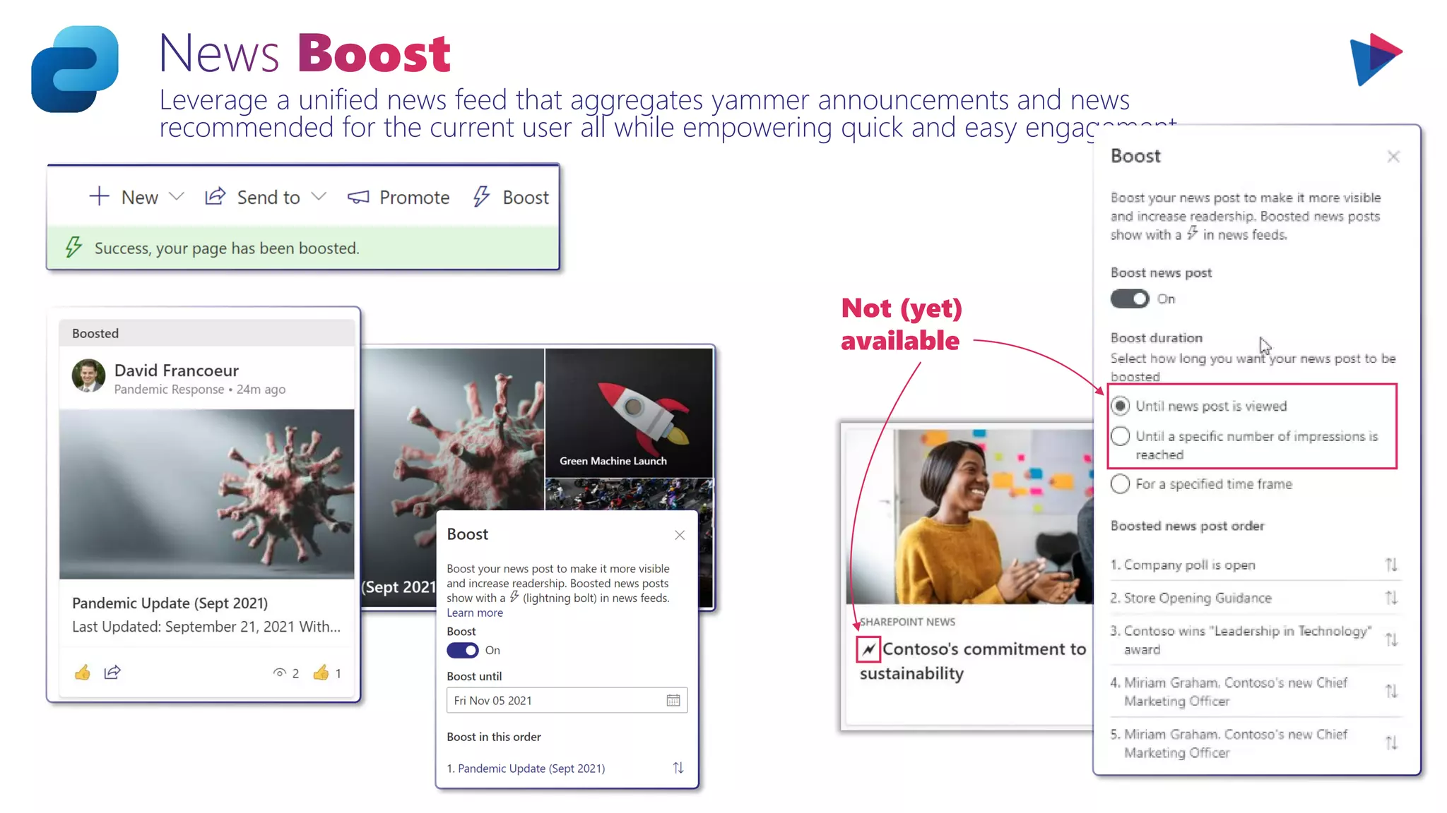 Leverage a unified news feed that aggregates yammer announcements and news
recommended for the current user all while empowering quick and easy engagement.
Not (yet)
available
 