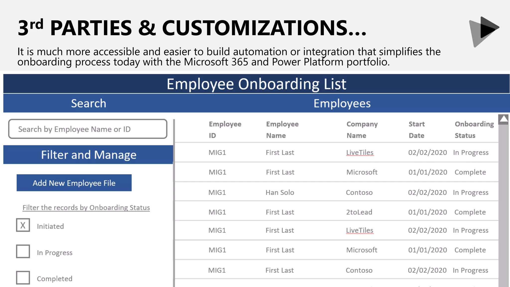 3rd PARTIES & CUSTOMIZATIONS…
It is much more accessible and easier to build automation or integration that simplifies the
onboarding process today with the Microsoft 365 and Power Platform portfolio.
 