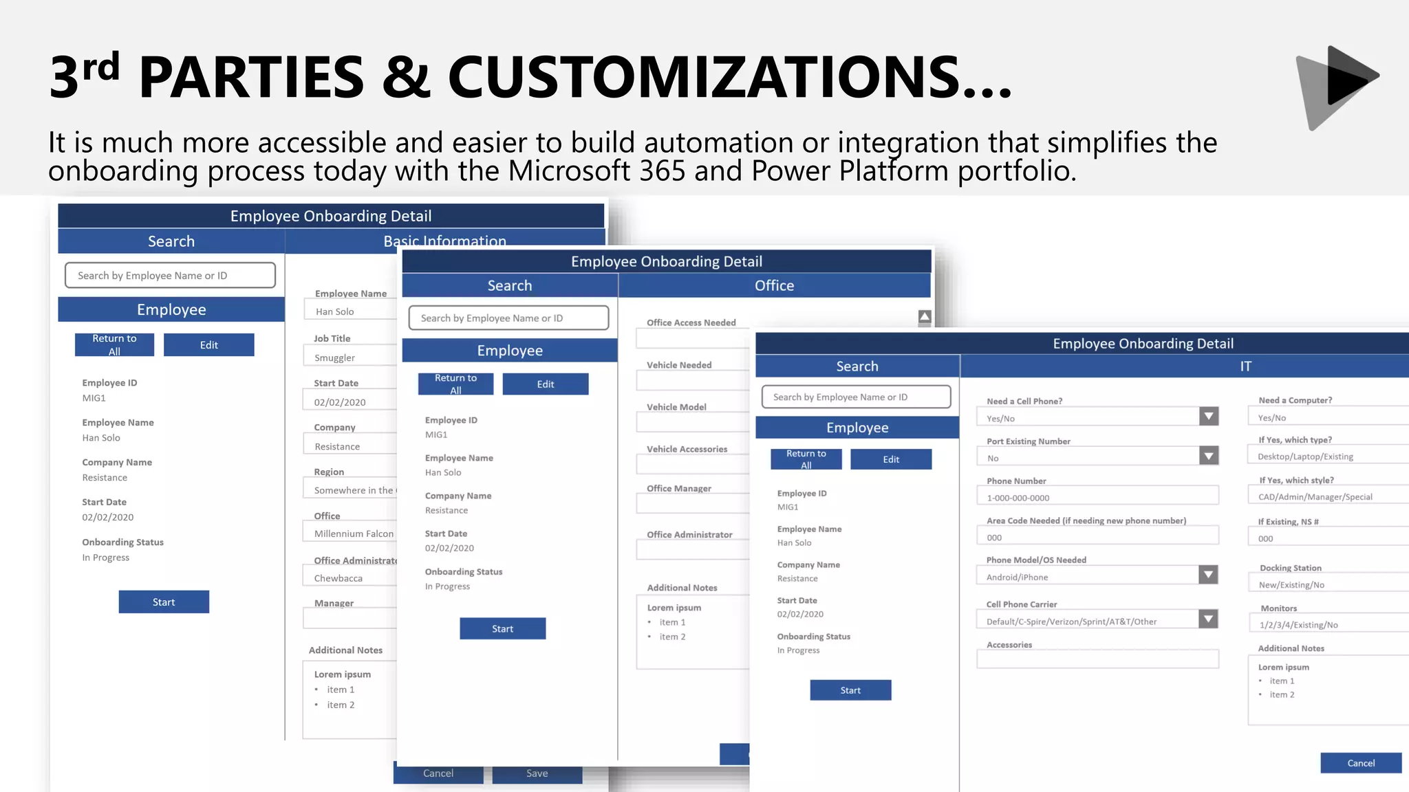 3rd PARTIES & CUSTOMIZATIONS…
It is much more accessible and easier to build automation or integration that simplifies the
onboarding process today with the Microsoft 365 and Power Platform portfolio.
 