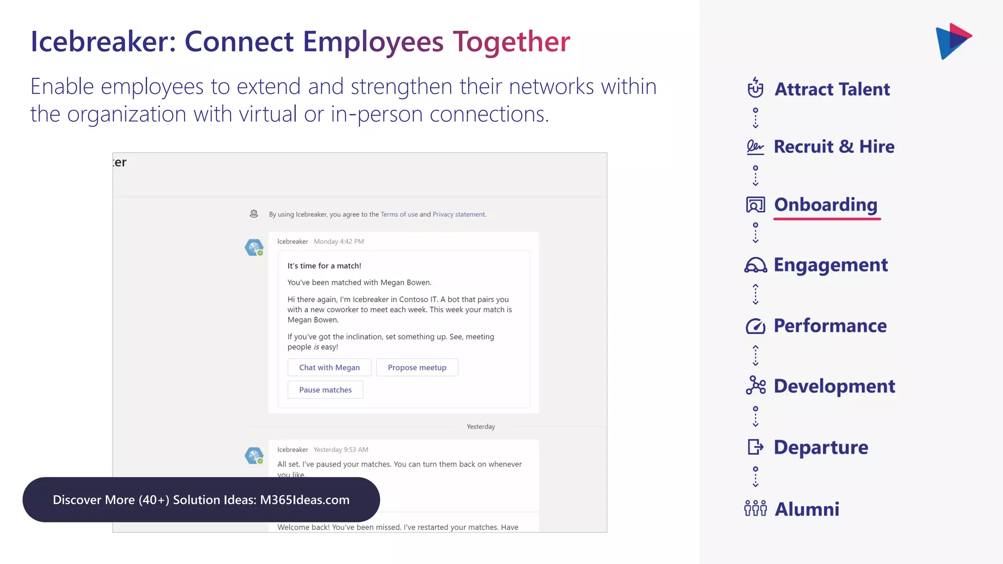 Enable employees to extend and strengthen their networks within
the organization with virtual or in-person connections.
Discover More (40+) Solution Ideas: M365Ideas.com
 