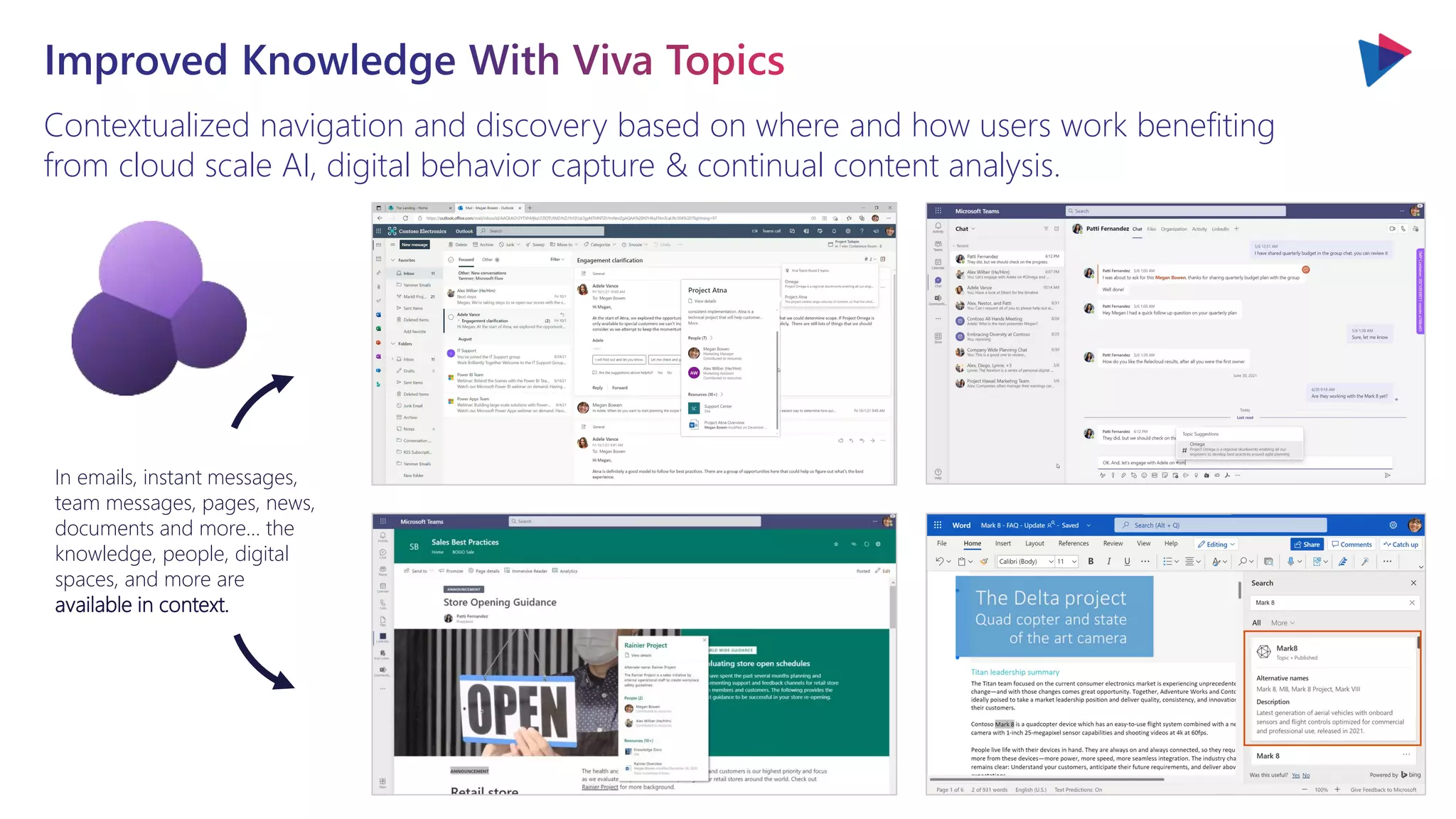 Contextualized navigation and discovery based on where and how users work benefiting
from cloud scale AI, digital behavior capture & continual content analysis.
In emails, instant messages,
team messages, pages, news,
documents and more… the
knowledge, people, digital
spaces, and more are
available in context.
 