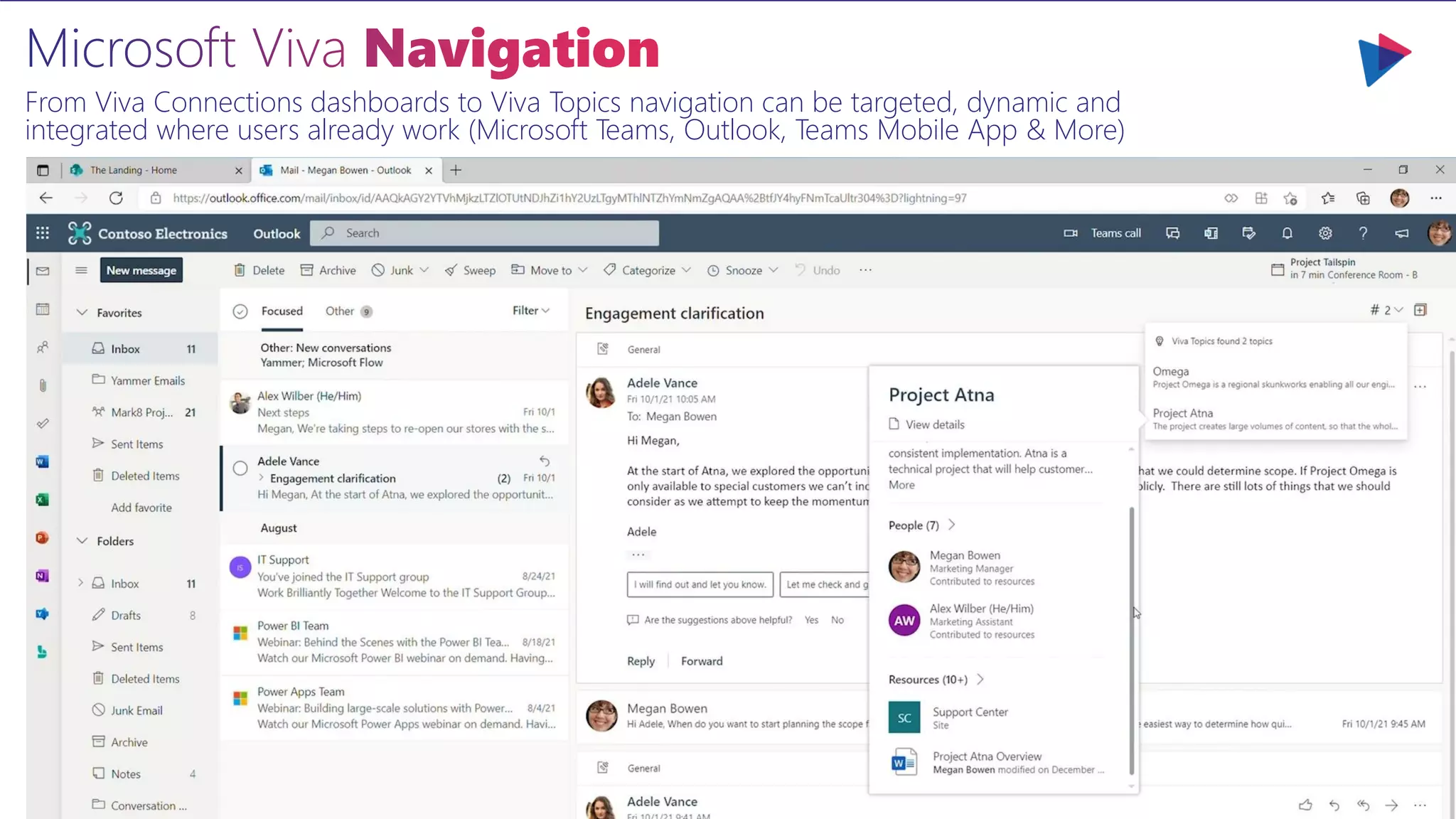 From Viva Connections dashboards to Viva Topics navigation can be targeted, dynamic and
integrated where users already work (Microsoft Teams, Outlook, Teams Mobile App & More)
 