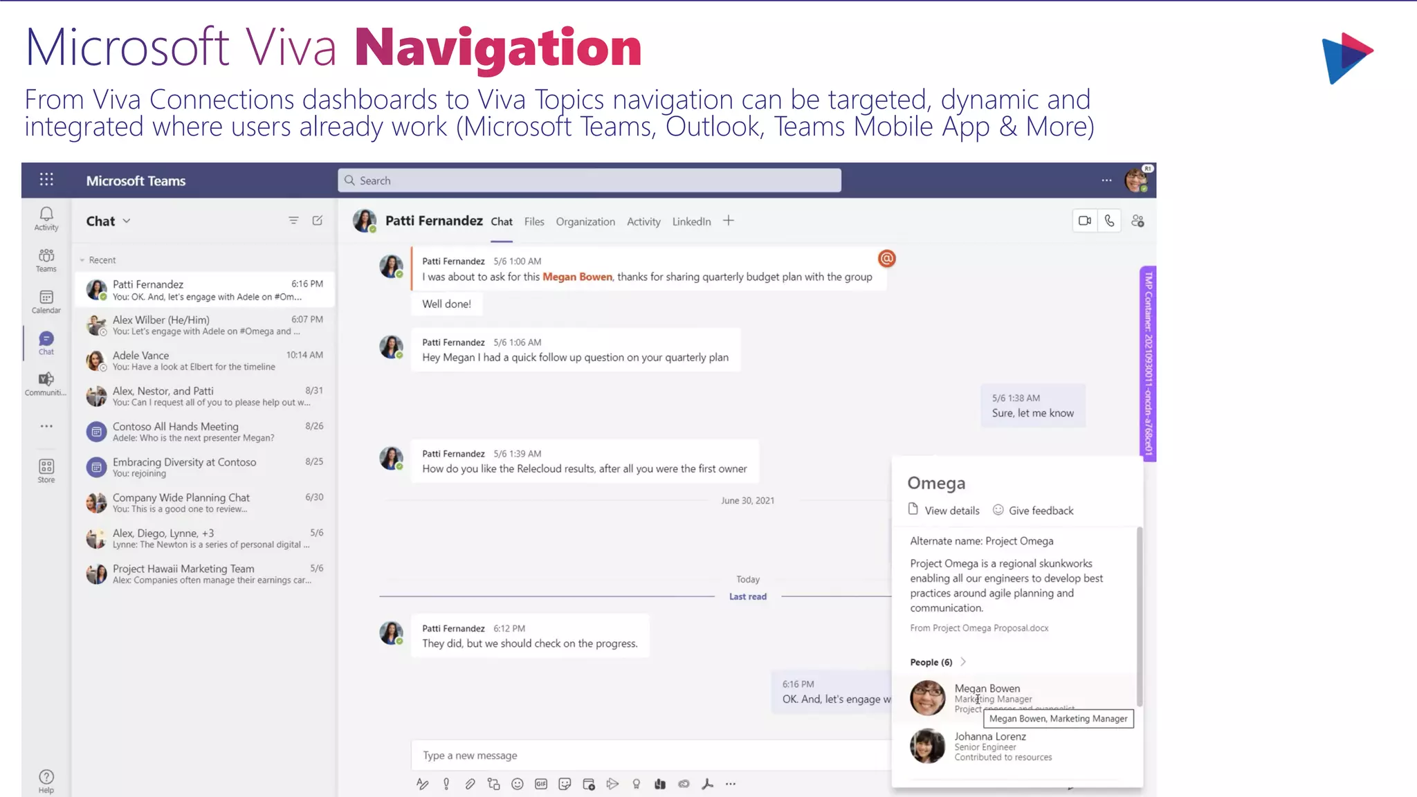From Viva Connections dashboards to Viva Topics navigation can be targeted, dynamic and
integrated where users already work (Microsoft Teams, Outlook, Teams Mobile App & More)
 