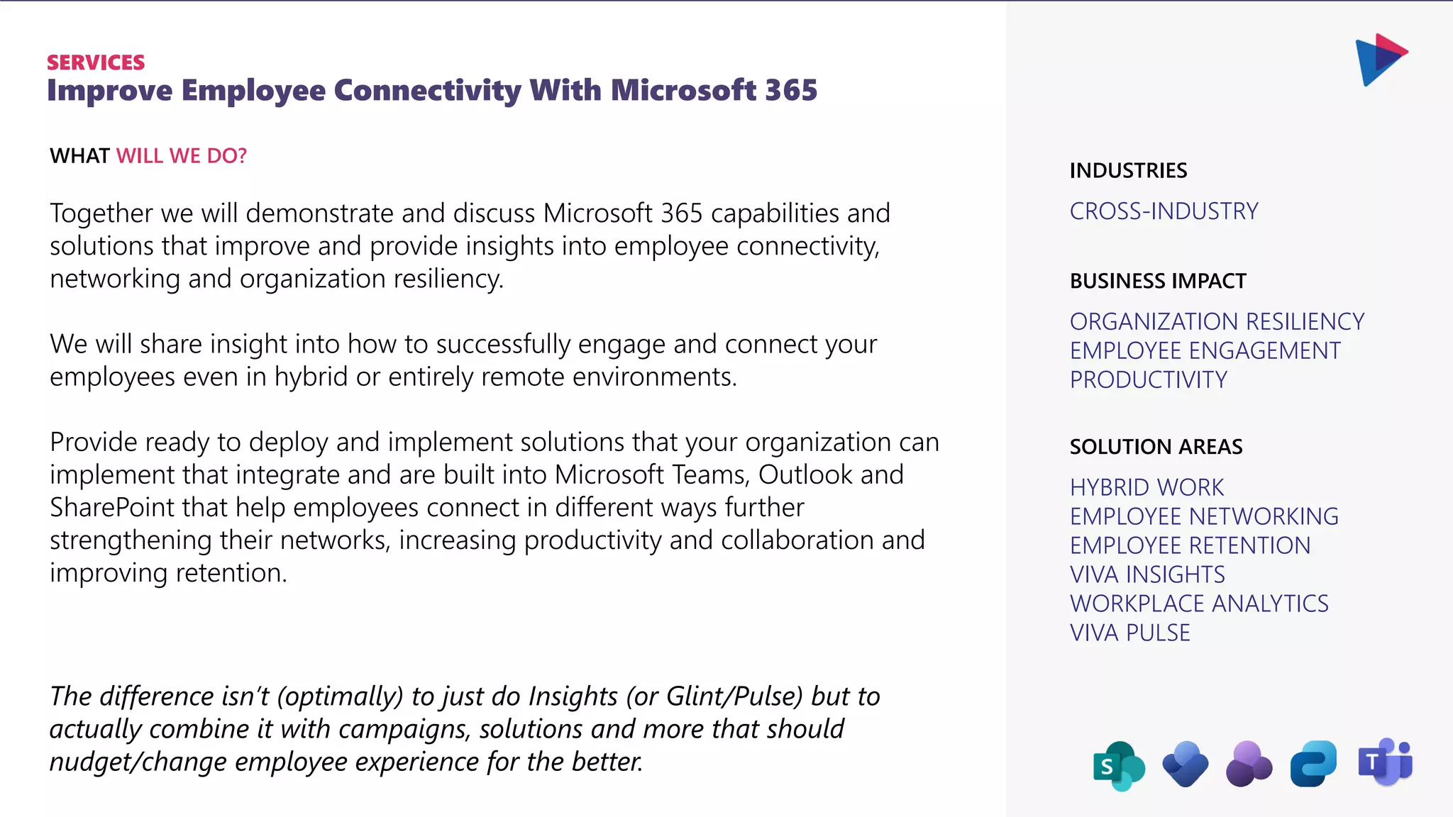 Improve Employee Connectivity With Microsoft 365
SERVICES
CROSS-INDUSTRY
ORGANIZATION RESILIENCY
EMPLOYEE ENGAGEMENT
PRODUCTIVITY
BUSINESS IMPACT
INDUSTRIES
HYBRID WORK
EMPLOYEE NETWORKING
EMPLOYEE RETENTION
VIVA INSIGHTS
WORKPLACE ANALYTICS
VIVA PULSE
SOLUTION AREAS
Together we will demonstrate and discuss Microsoft 365 capabilities and
solutions that improve and provide insights into employee connectivity,
networking and organization resiliency.
We will share insight into how to successfully engage and connect your
employees even in hybrid or entirely remote environments.
Provide ready to deploy and implement solutions that your organization can
implement that integrate and are built into Microsoft Teams, Outlook and
SharePoint that help employees connect in different ways further
strengthening their networks, increasing productivity and collaboration and
improving retention.
WHAT WILL WE DO?
The difference isn’t (optimally) to just do Insights (or Glint/Pulse) but to
actually combine it with campaigns, solutions and more that should
nudget/change employee experience for the better.
 
