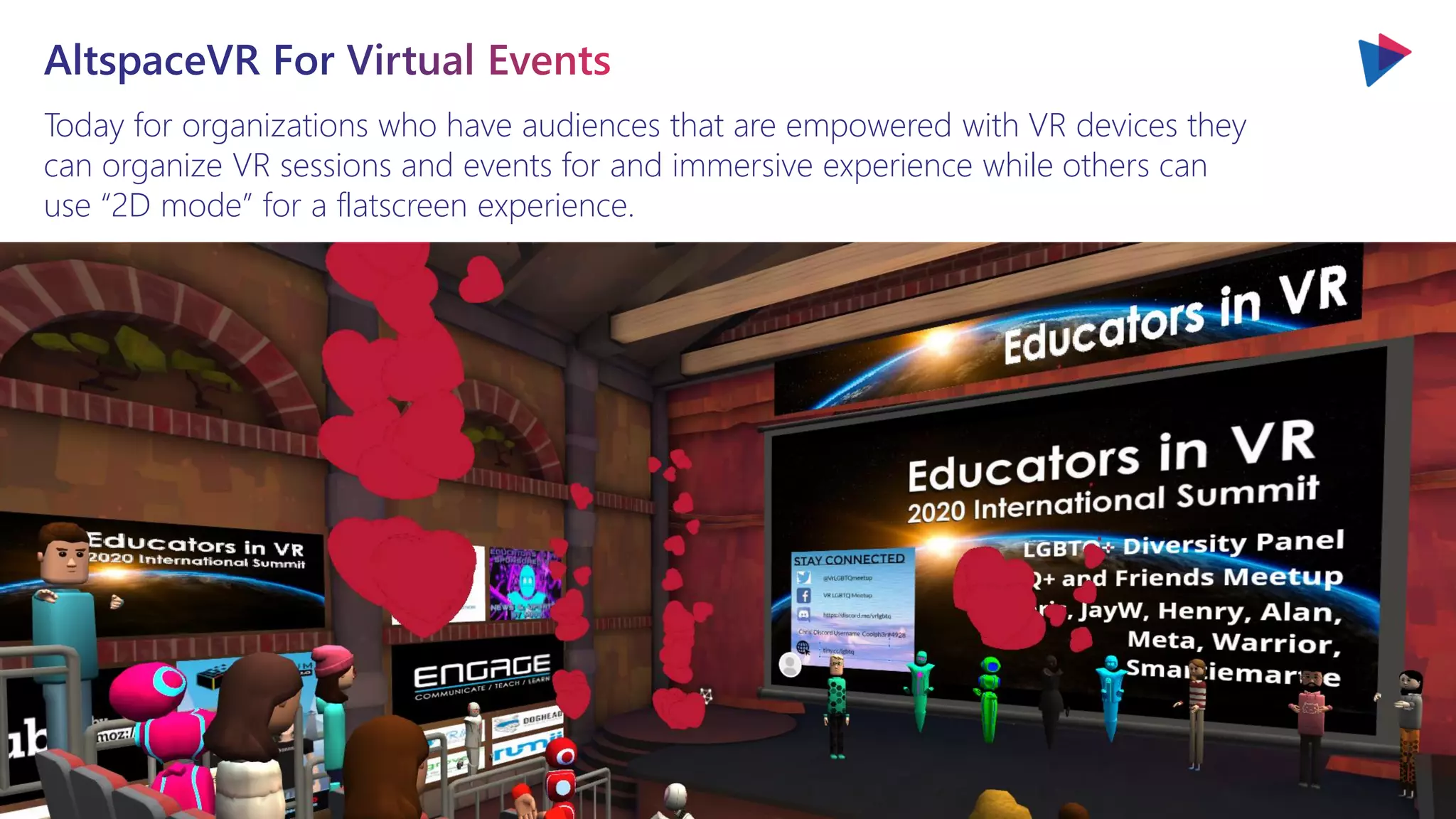 Today for organizations who have audiences that are empowered with VR devices they
can organize VR sessions and events for and immersive experience while others can
use “2D mode” for a flatscreen experience.
 