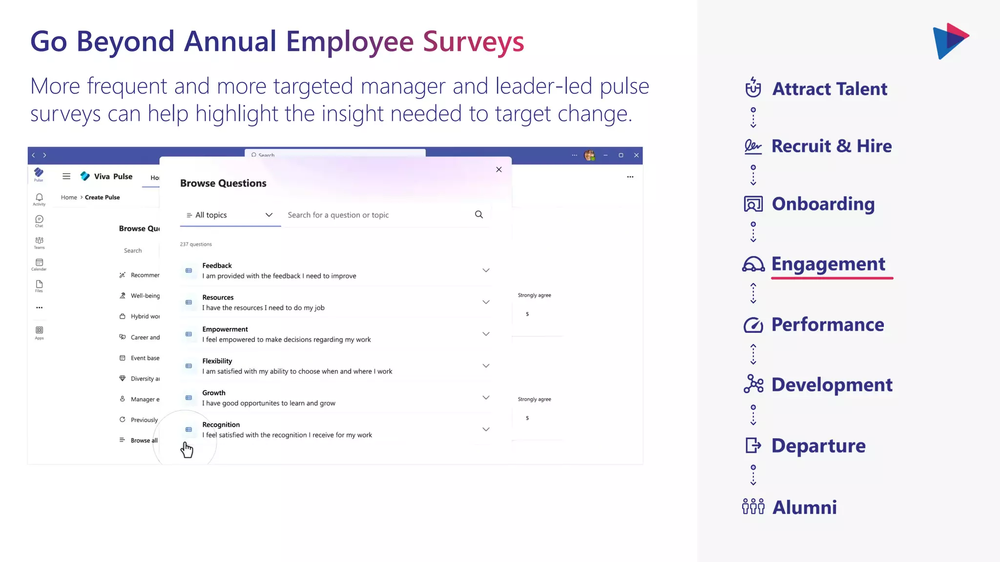 More frequent and more targeted manager and leader-led pulse
surveys can help highlight the insight needed to target change.
 