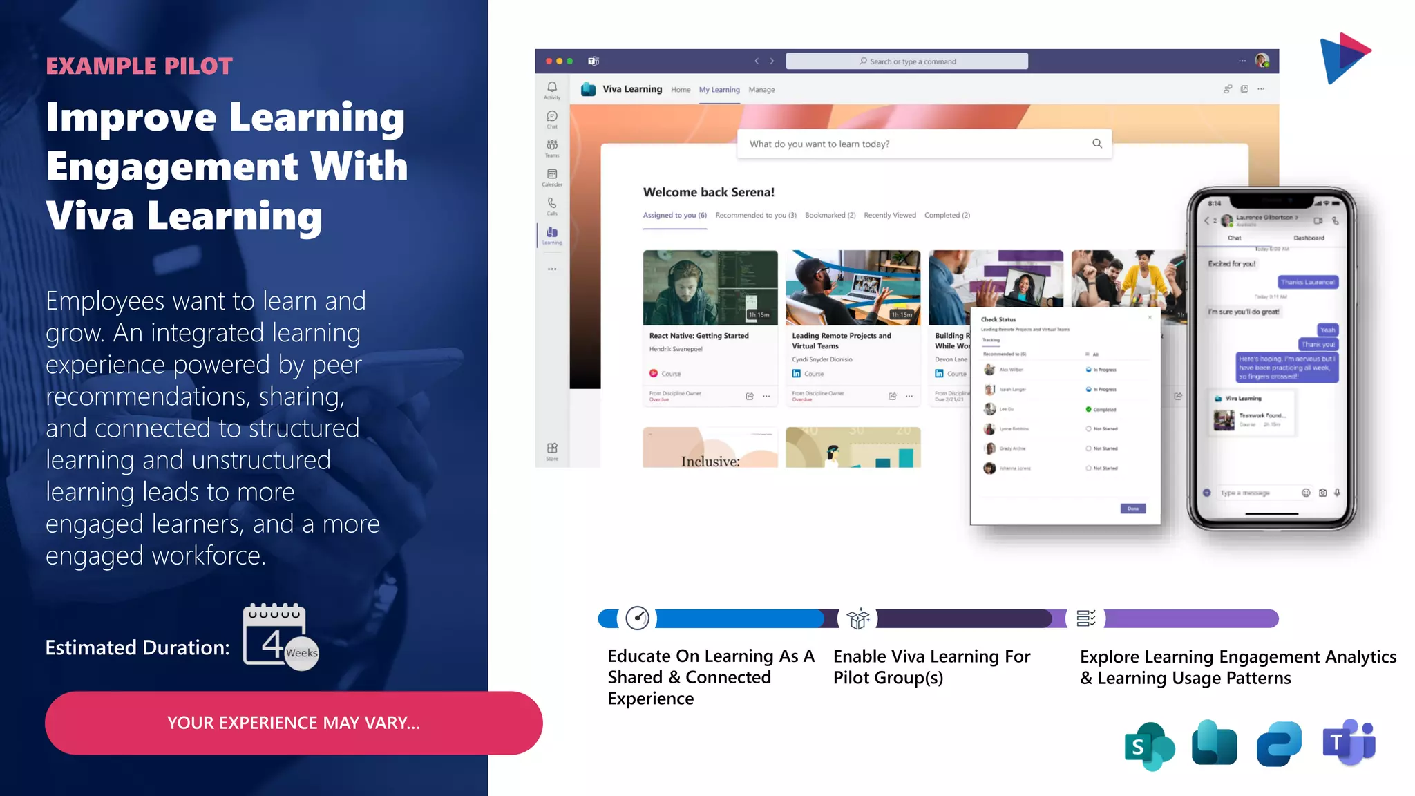 Improve Learning
Engagement With
Viva Learning
Employees want to learn and
grow. An integrated learning
experience powered by peer
recommendations, sharing,
and connected to structured
learning and unstructured
learning leads to more
engaged learners, and a more
engaged workforce.
EXAMPLE PILOT
Estimated Duration: Educate On Learning As A
Shared & Connected
Experience
Enable Viva Learning For
Pilot Group(s)
Explore Learning Engagement Analytics
& Learning Usage Patterns
YOUR EXPERIENCE MAY VARY…
 