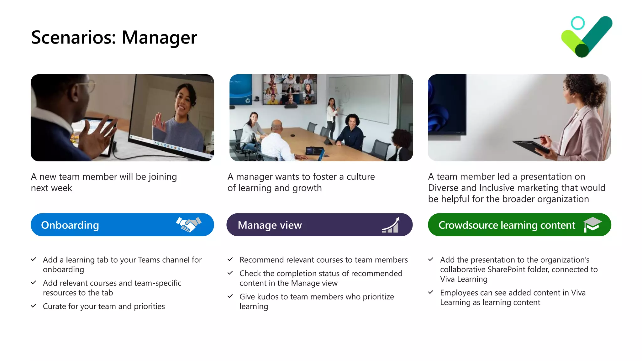 Scenarios: Manager
A new team member will be joining
next week
Onboarding
Add a learning tab to your Teams channel for
onboarding
Add relevant courses and team-specific
resources to the tab
Curate for your team and priorities
A manager wants to foster a culture
of learning and growth
Manage view
Recommend relevant courses to team members
Check the completion status of recommended
content in the Manage view
Give kudos to team members who prioritize
learning
A team member led a presentation on
Diverse and Inclusive marketing that would
be helpful for the broader organization
Add the presentation to the organization’s
collaborative SharePoint folder, connected to
Viva Learning
Employees can see added content in Viva
Learning as learning content
Crowdsource learning content
 