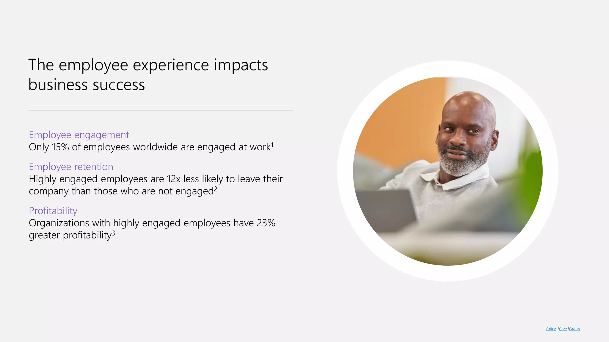 The employee experience impacts
business success
Employee engagement
Only 15% of employees worldwide are engaged at work1
Employee retention
Highly engaged employees are 12x less likely to leave their
company than those who are not engaged2
Profitability
Organizations with highly engaged employees have 23%
greater profitability3
1Gallup 2Glint 3Gallup
 