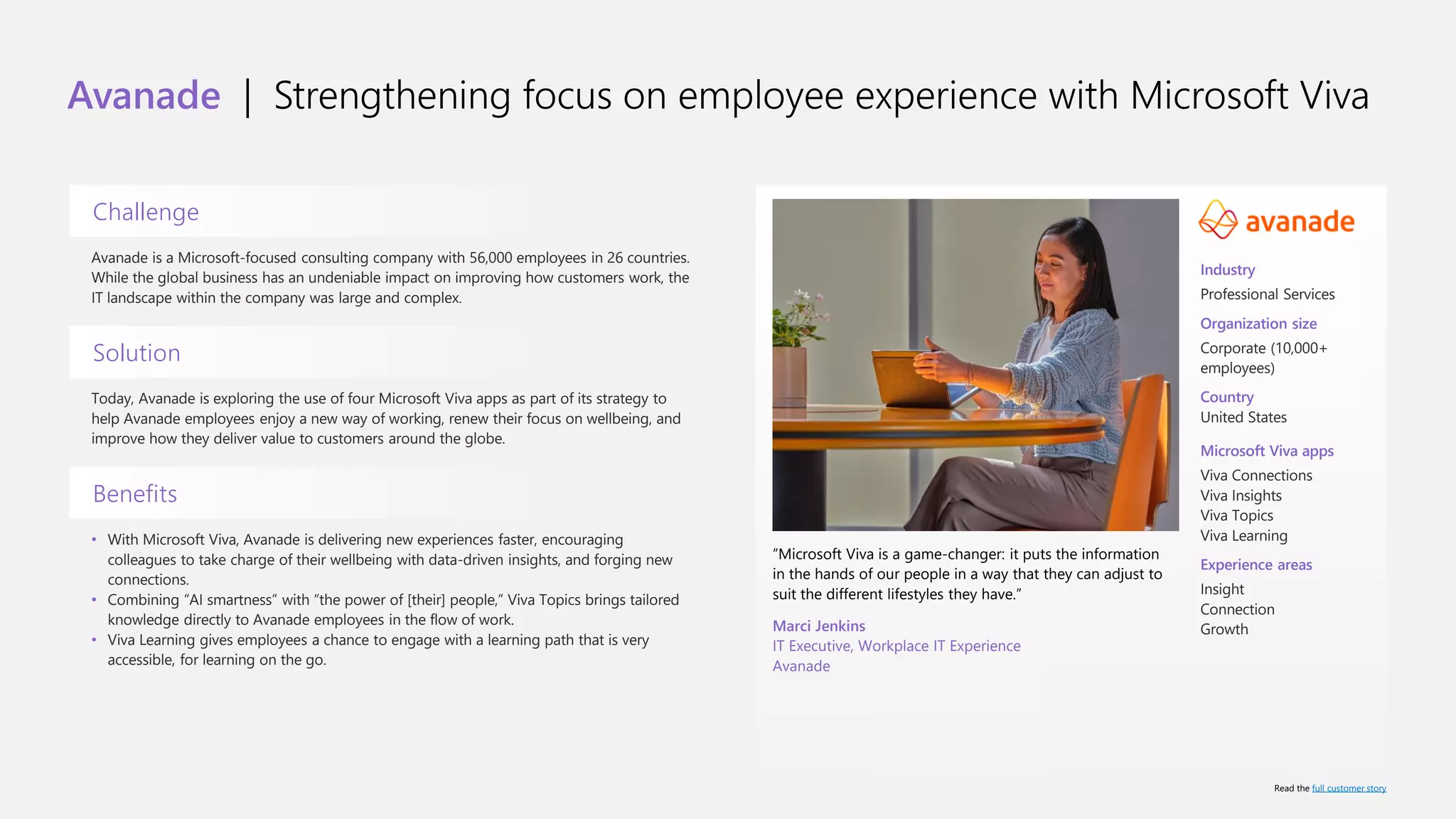 Avanade | Strengthening focus on employee experience with Microsoft Viva
Challenge
Avanade is a Microsoft-focused consulting company with 56,000 employees in 26 countries.
While the global business has an undeniable impact on improving how customers work, the
IT landscape within the company was large and complex.
Solution
Today, Avanade is exploring the use of four Microsoft Viva apps as part of its strategy to
help Avanade employees enjoy a new way of working, renew their focus on wellbeing, and
improve how they deliver value to customers around the globe.
Benefits
• With Microsoft Viva, Avanade is delivering new experiences faster, encouraging
colleagues to take charge of their wellbeing with data-driven insights, and forging new
connections.
• Combining “AI smartness” with “the power of [their] people,” Viva Topics brings tailored
knowledge directly to Avanade employees in the flow of work.
• Viva Learning gives employees a chance to engage with a learning path that is very
accessible, for learning on the go.
“Microsoft Viva is a game-changer: it puts the information
in the hands of our people in a way that they can adjust to
suit the different lifestyles they have.”
Marci Jenkins
IT Executive, Workplace IT Experience
Avanade
Industry
Professional Services
Organization size
Corporate (10,000+
employees)
Country
United States
Microsoft Viva apps
Viva Connections
Viva Insights
Viva Topics
Viva Learning
Experience areas
Insight
Connection
Growth
Read the full customer story
 