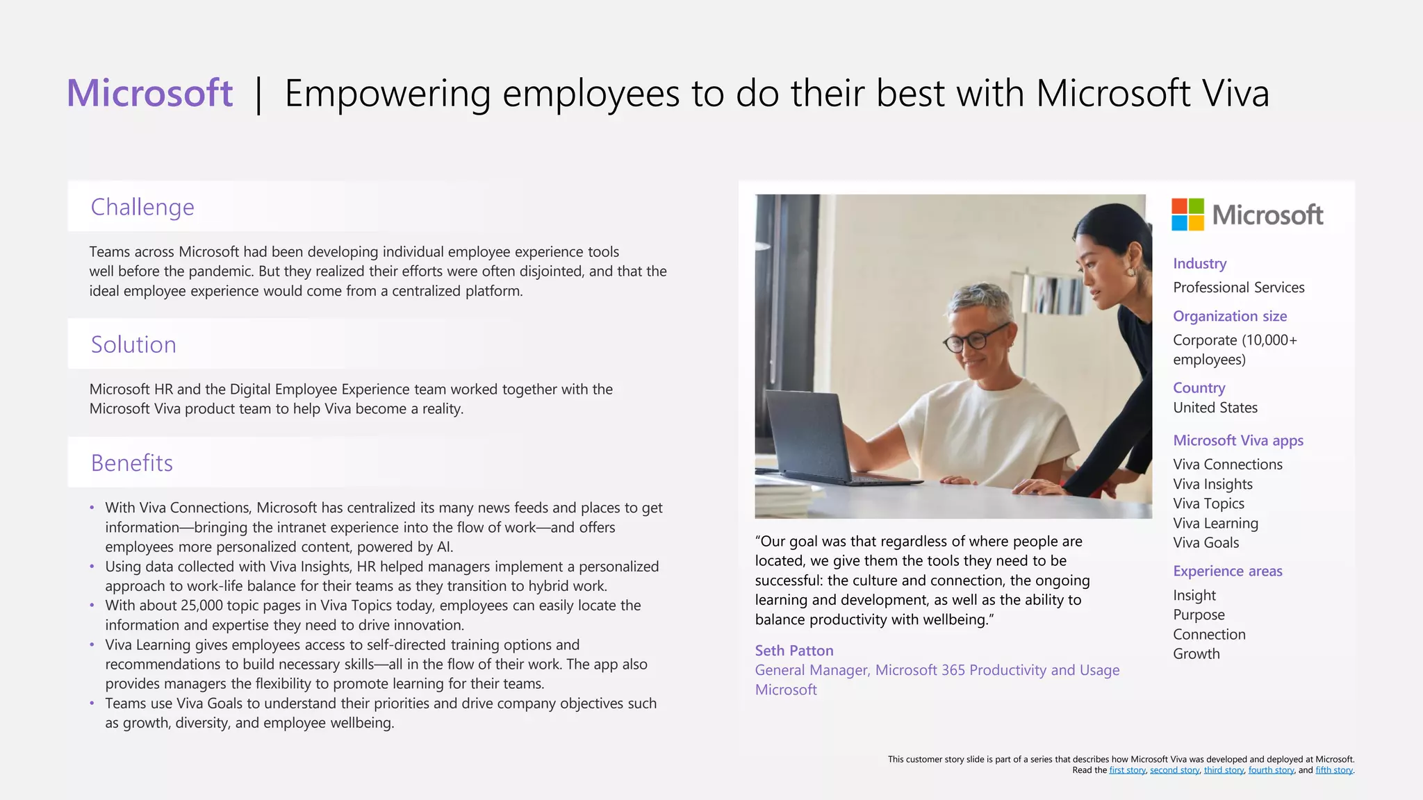 Microsoft | Empowering employees to do their best with Microsoft Viva
Challenge
Teams across Microsoft had been developing individual employee experience tools
well before the pandemic. But they realized their efforts were often disjointed, and that the
ideal employee experience would come from a centralized platform.
Solution
Microsoft HR and the Digital Employee Experience team worked together with the
Microsoft Viva product team to help Viva become a reality.
Benefits
• With Viva Connections, Microsoft has centralized its many news feeds and places to get
information—bringing the intranet experience into the flow of work—and offers
employees more personalized content, powered by AI.
• Using data collected with Viva Insights, HR helped managers implement a personalized
approach to work-life balance for their teams as they transition to hybrid work.
• With about 25,000 topic pages in Viva Topics today, employees can easily locate the
information and expertise they need to drive innovation.
• Viva Learning gives employees access to self-directed training options and
recommendations to build necessary skills—all in the flow of their work. The app also
provides managers the flexibility to promote learning for their teams.
• Teams use Viva Goals to understand their priorities and drive company objectives such
as growth, diversity, and employee wellbeing.
“Our goal was that regardless of where people are
located, we give them the tools they need to be
successful: the culture and connection, the ongoing
learning and development, as well as the ability to
balance productivity with wellbeing.”
Seth Patton
General Manager, Microsoft 365 Productivity and Usage
Microsoft
Industry
Professional Services
Organization size
Corporate (10,000+
employees)
Country
United States
Microsoft Viva apps
Viva Connections
Viva Insights
Viva Topics
Viva Learning
Viva Goals
Experience areas
Insight
Purpose
Connection
Growth
This customer story slide is part of a series that describes how Microsoft Viva was developed and deployed at Microsoft.
Read the first story, second story, third story, fourth story, and fifth story.
 