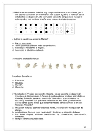 12
35.Maribel es una maestra inclusiva muy comprometida con sus estudiantes, por lo
que decidió capacitarse en herramientas que puedan ayudar a la inclusión de sus
estudiantes con baja visión, ella se muestra satisfecha porque ahora maneja la
estenografía y muy contenta enseña a sus colegas la siguiente oración.
¿Cuál es la oración que presentó Maribel?
a. Fue un gran padre.
b. Todos podemos aprender nadie se queda atrás.
c. Gracias por impulsarme a mejorar.
d. Apoyemos la educación inclusiva.
36.Observa el alfabeto manual
La palabra formada es:
a. Educación.
b. Inclusión.
c. Intuición.
d. Capacitar
37.En el aula de 4° grado se encuentra Rosario, ella es una niña con baja visión
incluida en la básica regular. A Rosario le gusta participar en clase, sobre todo en
Ciencia y Ambiente, ya que su maestra ha desarrollado adecuaciones a los
recursos y materiales con que viene trabajando en esta área, ¿Cuáles son las
adecuaciones que ha tenido que realizar la maestra para desarrollar el área de
Ciencia y Ambiente?
a. Utilización de lupas, estimular el cálculo mental, observación y manipulación de
plantas.
b. Ampliación de figuras a color, manipulación de plantas y utilización de lupas.
c. Las letras simples, sistemas aumentativos de comunicación, comunicación
simultánea.
d. Romper barreras arquitectónicas.
 
