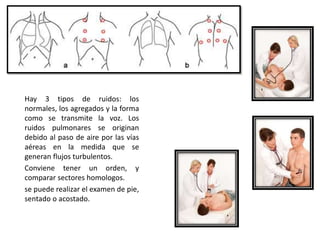 AUSCULTACION
Hay 3 tipos de ruidos: los
normales, los agregados y la forma
como se transmite la voz. Los
ruidos pulmonares se originan
debido al paso de aire por las vías
aéreas en la medida que se
generan flujos turbulentos.
Conviene tener un orden, y
comparar sectores homologos.
se puede realizar el examen de pie,
sentado o acostado.
 