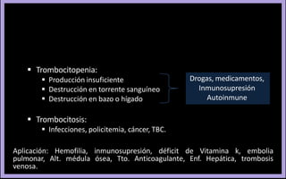  Trombocitopenia:
 Producción insuficiente
 Destrucción en torrente sanguíneo
 Destrucción en bazo o hígado
 Trombocitosis:
 Infecciones, policitemia, cáncer, TBC.
Aplicación: Hemofilia, inmunosupresión, déficit de Vitamina k, embolia
pulmonar, Alt. médula ósea, Tto. Anticoagulante, Enf. Hepática, trombosis
venosa.
Drogas, medicamentos,
Inmunosupresión
Autoinmune
 