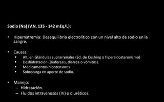 Sodio (Na) (V.N. 135 - 142 mEq/L):
• Hipernatremia: Desequilibrio electrolítico con un nivel alto de sodio en la
sangre.
• Causas:
 Alt. en Glándulas suprarrenales (Sd. de Cushing o hiperaldosteronismo)
 Deshidratación (Diaforesis, diarrea o vómitos).
 Medicamentos hipotensores
 Sobrecarga en aporte de sodio.
• Manejo:
– Hidratación.
– Fluidos intravenosos (IV) o diuréticos.
 