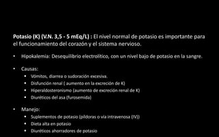 Potasio (K) (V.N. 3,5 - 5 mEq/L) : El nivel normal de potasio es importante para
el funcionamiento del corazón y el sistema nervioso.
• Hipokalemia: Desequilibrio electrolítico, con un nivel bajo de potasio en la sangre.
• Causas:
 Vómitos, diarrea o sudoración excesiva.
 Disfunción renal ( aumento en la excreción de K)
 Hiperaldosteronismo (aumento de excreción renal de K)
 Diuréticos del asa (furosemida)
• Manejo:
 Suplementos de potasio (píldoras o vía intravenosa (IV))
 Dieta alta en potasio
 Diuréticos ahorradores de potasio
 