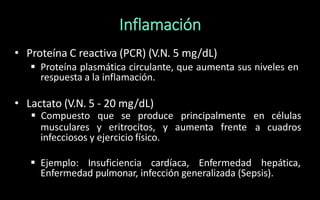 Inflamación
• Proteína C reactiva (PCR) (V.N. 5 mg/dL)
 Proteína plasmática circulante, que aumenta sus niveles en
respuesta a la inflamación.
• Lactato (V.N. 5 - 20 mg/dL)
musculares y eritrocitos, y aumenta frente
 Compuesto que se produce principalmente en células
a cuadros
infecciosos y ejercicio físico.
 Ejemplo: Insuficiencia cardíaca, Enfermedad hepática,
Enfermedad pulmonar, infección generalizada (Sepsis).
 