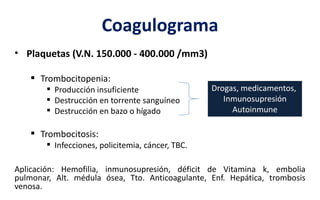 Coagulograma
• Plaquetas (V.N. 150.000 - 400.000 /mm3)
 Trombocitopenia:
 Producción insuficiente
 Destrucción en torrente sanguíneo
 Destrucción en bazo o hígado
 Trombocitosis:
 Infecciones, policitemia, cáncer, TBC.
Aplicación: Hemofilia, inmunosupresión, déficit de Vitamina k, embolia
pulmonar, Alt. médula ósea, Tto. Anticoagulante, Enf. Hepática, trombosis
venosa.
Drogas, medicamentos,
Inmunosupresión
Autoinmune
 