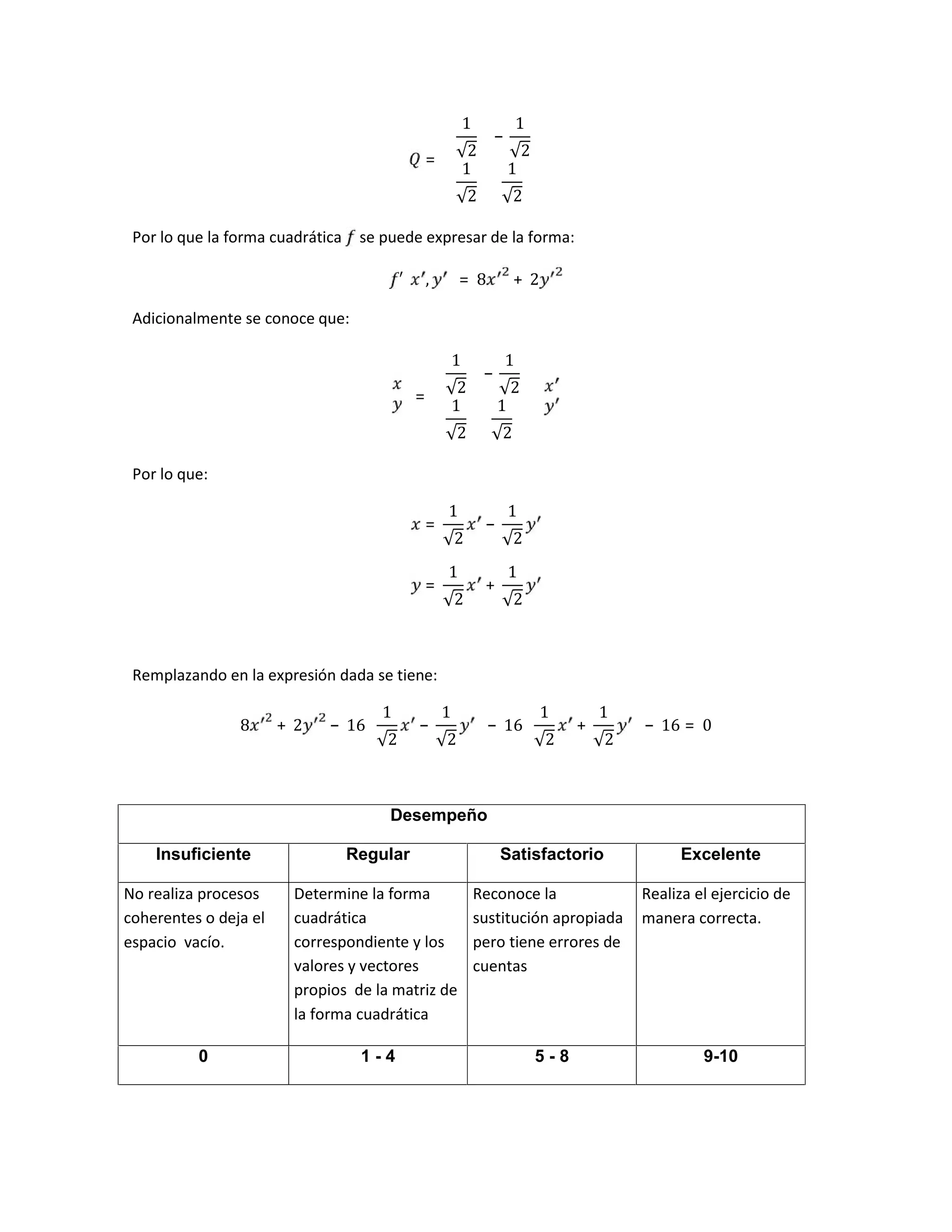 =
1
√2
−
1
√2
1
√2
1
√2
Por lo que la forma cuadrática se puede expresar de la forma:
′ , = 8 + 2
Adicionalmente se conoce que:
=
1
√2
−
1
√2
1
√2
1
√2
Por lo que:
=
1
√2
−
1
√2
=
1
√2
+
1
√2
Remplazando en la expresión dada se tiene:
8 + 2 − 16
1
√2
−
1
√2
− 16
1
√2
+
1
√2
− 16 = 0
Desempeño
Insuficiente Regular Satisfactorio Excelente
No realiza procesos
coherentes o deja el
espacio vacío.
Determine la forma
cuadrática
correspondiente y los
valores y vectores
propios de la matriz de
la forma cuadrática
Reconoce la
sustitución apropiada
pero tiene errores de
cuentas
Realiza el ejercicio de
manera correcta.
0 1 - 4 5 - 8 9-10
 