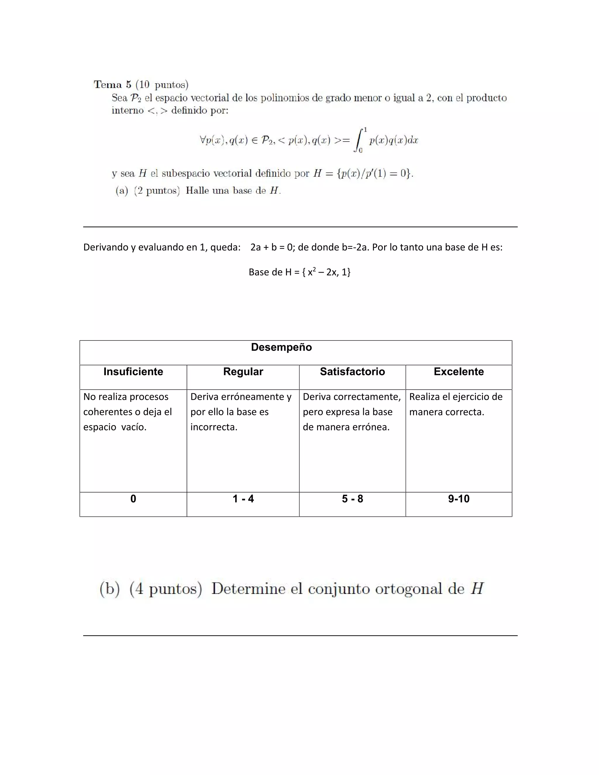 Derivando y evaluando en 1, queda: 2a + b = 0; de donde b=-2a. Por lo tanto una base de H es:
Base de H = { x2
– 2x, 1}
Desempeño
Insuficiente Regular Satisfactorio Excelente
No realiza procesos
coherentes o deja el
espacio vacío.
Deriva erróneamente y
por ello la base es
incorrecta.
Deriva correctamente,
pero expresa la base
de manera errónea.
Realiza el ejercicio de
manera correcta.
0 1 - 4 5 - 8 9-10
 