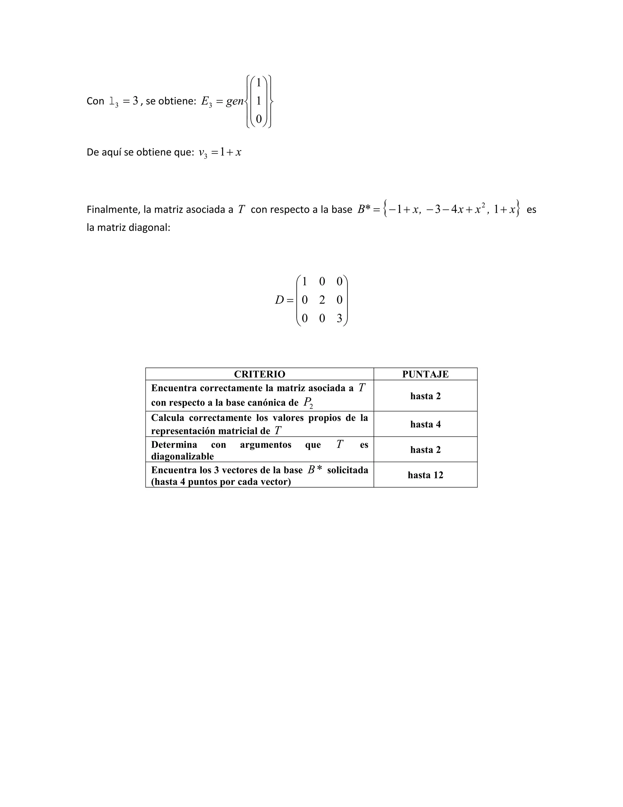 Con 33  , se obtiene:





















0
1
1
3 genE
De aquí se obtiene que: xv 13
Finalmente, la matriz asociada a T con respecto a la base  x,xx,x*B  1431 2
es
la matriz diagonal:











300
020
001
D
CRITERIO PUNTAJE
Encuentra correctamente la matriz asociada a T
con respecto a la base canónica de 2P
hasta 2
Calcula correctamente los valores propios de la
representación matricial de T
hasta 4
Determina con argumentos que T es
diagonalizable
hasta 2
Encuentra los 3 vectores de la base *B solicitada
(hasta 4 puntos por cada vector)
hasta 12
 
