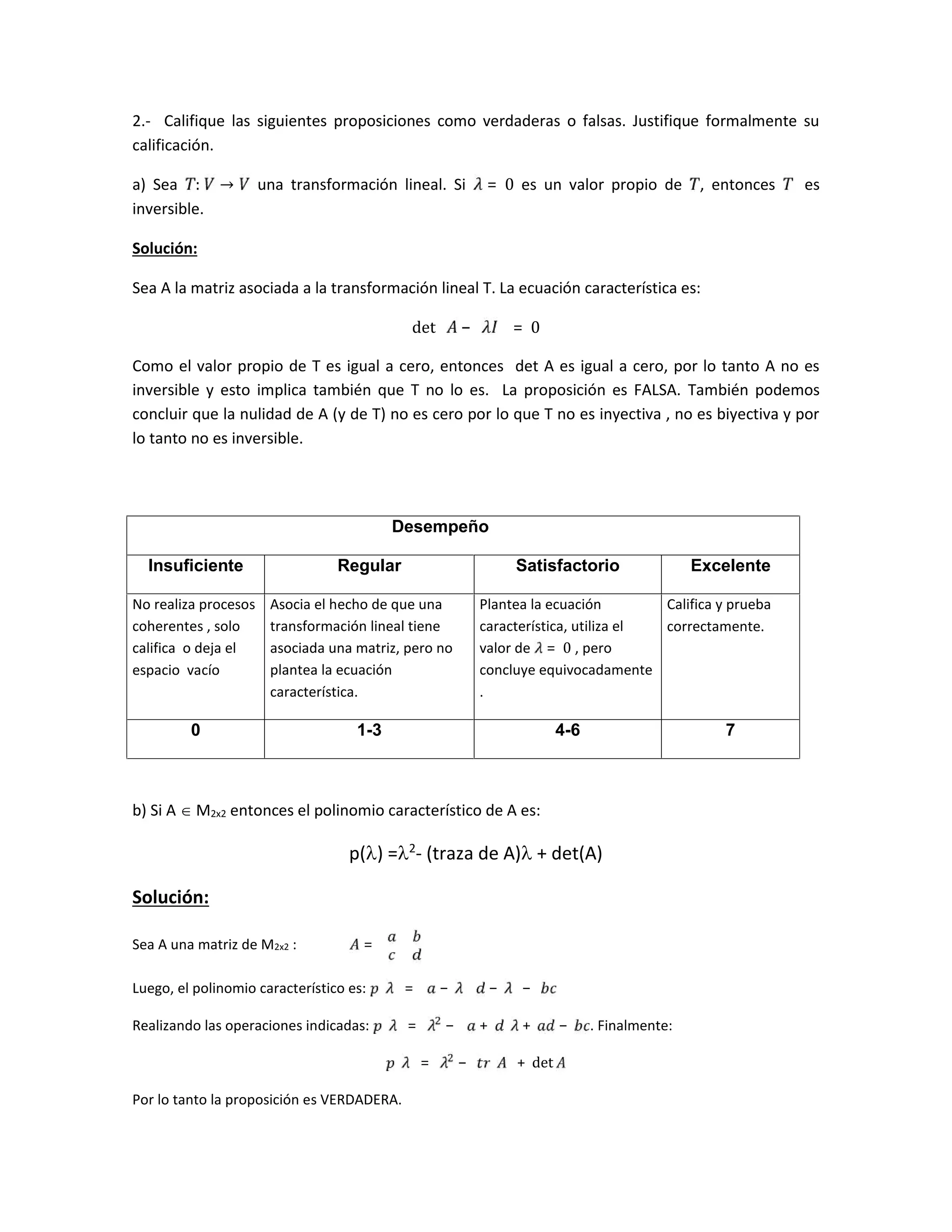2.- Califique las siguientes proposiciones como verdaderas o falsas. Justifique formalmente su
calificación.
a) Sea :	 → una transformación lineal. Si = 0 es un valor propio de , entonces 			es
inversible.
Solución:
Sea A la matriz asociada a la transformación lineal T. La ecuación característica es:
det 	 − 	 	 = 0
Como el valor propio de T es igual a cero, entonces det A es igual a cero, por lo tanto A no es
inversible y esto implica también que T no lo es. La proposición es FALSA. También podemos
concluir que la nulidad de A (y de T) no es cero por lo que T no es inyectiva , no es biyectiva y por
lo tanto no es inversible.
b) Si A  M2x2 entonces el polinomio característico de A es:
p() =2
- (traza de A) + det(A)
Solución:
Sea A una matriz de M2x2 : =
Luego, el polinomio característico es: = − − − 	
Realizando las operaciones indicadas: = 	 − + + − . Finalmente:
= 	 − 	 + det
Por lo tanto la proposición es VERDADERA.
Desempeño
Insuficiente Regular Satisfactorio Excelente
No realiza procesos
coherentes , solo
califica o deja el
espacio vacío
Asocia el hecho de que una
transformación lineal tiene
asociada una matriz, pero no
plantea la ecuación
característica.
Plantea la ecuación
característica, utiliza el
valor de = 0 , pero
concluye equivocadamente
.
Califica y prueba
correctamente.
0 1-3 4-6 7
 