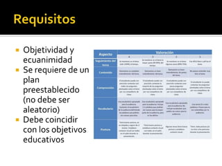  Objetividad y
ecuanimidad
 Se requiere de un
plan
preestablecido
(no debe ser
aleatorio)
 Debe coincidir
con los objetivos
educativos
 