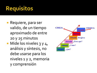  Requiere, para ser
valido, de un tiempo
aproximado de entre
20 y 25 minutos
 Mide los niveles 3 y 4,
análisis y síntesis, no
debe usarse para los
niveles 1 y 2, memoria
y comprensión
 