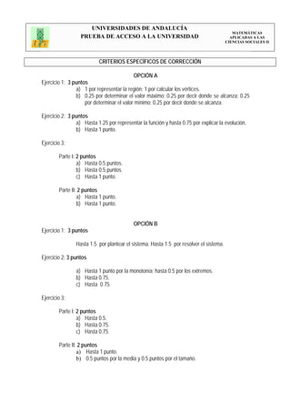 UNIVERSIDADES DE ANDALUCÍA
                                                                                           MATEMÁTICAS
                  PRUEBA DE ACCESO A LA UNIVERSIDAD                                       APLICADAS A LAS
                                                                                        CIENCIAS SOCIALES II




                          CRITERIOS ESPECÍFICOS DE CORRECCIÓN

                                           OPCIÓN A
Ejercicio 1: 3 puntos
                a) 1 por representar la región; 1 por calcular los vértices.
                b) 0.25 por determinar el valor máximo; 0.25 por decir donde se alcanza; 0.25
                    por determinar el valor mínimo; 0.25 por decir donde se alcanza.

Ejercicio 2: 3 puntos
                a) Hasta 1.25 por representar la función y hasta 0.75 por explicar la evolución.
                b) Hasta 1 punto.

Ejercicio 3:

        Parte I: 2 puntos
                 a) Hasta 0.5 puntos.
                 b) Hasta 0.5 puntos
                 c) Hasta 1 punto.

        Parte II: 2 puntos
                 a) Hasta 1 punto.
                 b) Hasta 1 punto.


                                           OPCIÓN B
Ejercicio 1: 3 puntos

                Hasta 1.5 por plantear el sistema. Hasta 1.5 por resolver el sistema.

Ejercicio 2: 3 puntos

                a) Hasta 1 punto por la monotonía; hasta 0.5 por los extremos.
                b) Hasta 0.75.
                c) Hasta 0.75.

Ejercicio 3:

        Parte I: 2 puntos
                 a) Hasta 0.5.
                 b) Hasta 0.75.
                 c) Hasta 0.75.

        Parte II: 2 puntos
                 a) Hasta 1 punto.
                 b) 0.5 puntos por la media y 0.5 puntos por el tamaño.
 