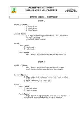 UNIVERSIDADES DE ANDALUCÍA
                                                                                            MATEMÁTICAS
                  PRUEBA DE ACCESO A LA UNIVERSIDAD                                        APLICADAS A LAS
                                                                                         CIENCIAS SOCIALES II




                           CRITERIOS ESPECÍFICOS DE CORRECCIÓN

                                          OPCIÓN A

Ejercicio 1: 3 puntos
                   a) Hasta 1 punto.
                   b) Hasta 1 punto.
                   c) Hasta 1 punto.

Ejercicio 2: 3 puntos
                    a) 0.25 por la continuidad y derivabilidad en x ≠ 0 . 0.5 por cálculo de
                     a. 0.75 por cálculo de b.
                    b) Hasta 0.75 por cada derivada.

Ejercicio 3:
         Parte I: 2 puntos
                  a) Hasta 1 punto.
                  b) Hasta 1 punto.

        Parte II: 2 puntos
                     Hasta 1 punto por el planteamiento. Hasta 1 punto por la resolución.



                                          OPCIÓN B

Ejercicio 1: 3 puntos
                    Hasta 1 punto por el planteamiento. Hasta 1.5 por el recinto y los
                    vértices. Hasta 0.5 por determinar dónde se alcanza el máximo.


Ejercicio 2: 3 puntos
                 a) 0.5 por calcular dónde se alcanza el mínimo. Hasta 1 punto por calcular
                    el valor de a.
                 b) 1 punto por calcular g´(x) . 0.5 por g´(3).

Ejercicio 3:
         Parte I: 2 puntos
                  a) Hasta 0.75 puntos.
                  b) Hasta 1.25 puntos.

        Parte II: 2 puntos
                     0.5 por el cálculo de la proporción, 0.5 por la fórmula del intervalo, 0.5
                 por el cálculo de la z correspondiente, 0.5 por calcular el intervalo.
 