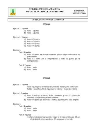 UNIVERSIDADES DE ANDALUCÍA
                                                                                           MATEMÁTICAS
                  PRUEBA DE ACCESO A LA UNIVERSIDAD                                       APLICADAS A LAS
                                                                                        CIENCIAS SOCIALES II




                           CRITERIOS ESPECÍFICOS DE CORRECCIÓN

                                            OPCIÓN A

Ejercicio 1: 3 puntos
                a) Hasta 1.5 puntos.
                b) Hasta 1.5 puntos.

Ejercicio 2: 3 puntos
                a) Hasta 0.75 puntos.
                b) Hasta 0.75 puntos.
                c) Hasta 0.75 puntos.
                d) Hasta 0.75 puntos.

Ejercicio 3:
         Parte I: 2 puntos
                  a) Hasta 0.2 puntos por el espacio muestral y hasta 0.4 por cada una de las
                      probabilidades.
                  b) Hasta 0.5 puntos por la independencia y hasta 0.5 puntos por la
                      incompatibilidad.

        Parte II: 2 puntos
                 a) Hasta 1 punto.
                 b) Hasta 1 punto.



                                            OPCIÓN B


Ejercicio 1: 3 puntos
                    Hasta 1 punto por la formulación del problema. Hasta 1 punto por la región
                    factible y los vértices. Hasta 1 punto por el máximo y el valor del máximo.

Ejercicio 2: 3 puntos
                 a) Hasta 1 punto por el cálculo de los coeficientes y hasta 0.5 puntos por
                    determinar si el extremo es máximo o mínimo.
                 b) Hasta 0.75 puntos por la derivada y hasta 0.75 puntos por la recta tangente.

Ejercicio 3:
         Parte I: 2 puntos
                  a) Hasta 1 punto.
                  b) Hasta 1 punto.

        Parte II: 2 puntos
                      0.5 Por el cálculo de la proporción, 0.5 por la fórmula del intervalo, 0.5 por
                          el cálculo de la z correspondiente, 0.5 por calcular el intervalo.
 