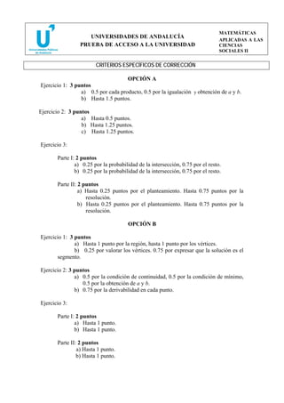MATEMÁTICAS
                    UNIVERSIDADES DE ANDALUCÍA
                                                                                APLICADAS A LAS
                 PRUEBA DE ACCESO A LA UNIVERSIDAD                              CIENCIAS
                                                                                SOCIALES II


                        CRITERIOS ESPECÍFICOS DE CORRECCIÓN

                                    OPCIÓN A
Ejercicio 1: 3 puntos
                 a) 0.5 por cada producto, 0.5 por la igualación y obtención de a y b.
                 b) Hasta 1.5 puntos.

Ejercicio 2: 3 puntos
                  a) Hasta 0.5 puntos.
                  b) Hasta 1.25 puntos.
                  c) Hasta 1.25 puntos.

Ejercicio 3:

       Parte I: 2 puntos
               a) 0.25 por la probabilidad de la intersección, 0.75 por el resto.
               b) 0.25 por la probabilidad de la intersección, 0.75 por el resto.

       Parte II: 2 puntos
                 a) Hasta 0.25 puntos por el planteamiento. Hasta 0.75 puntos por la
                    resolución.
                 b) Hasta 0.25 puntos por el planteamiento. Hasta 0.75 puntos por la
                    resolución.

                                      OPCIÓN B

Ejercicio 1: 3 puntos
               a) Hasta 1 punto por la región, hasta 1 punto por los vértices.
               b) 0.25 por valorar los vértices. 0.75 por expresar que la solución es el
       segmento.

Ejercicio 2: 3 puntos
               a) 0.5 por la condición de continuidad, 0.5 por la condición de mínimo,
                  0.5 por la obtención de a y b.
               b) 0.75 por la derivabilidad en cada punto.

Ejercicio 3:

       Parte I: 2 puntos
               a) Hasta 1 punto.
               b) Hasta 1 punto.

       Parte II: 2 puntos
                a) Hasta 1 punto.
                b) Hasta 1 punto.
 