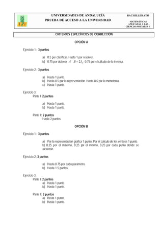 UNIVERSIDADES DE ANDALUCÍA                                          BACHILLERATO
                  PRUEBA DE ACCESO A LA UNIVERSIDAD                                         MATEMÁTICAS
                                                                                           APLICADAS A LAS
                                                                                         CIENCIAS SOCIALES II


                             CRITERIOS ESPECÍFICOS DE CORRECCIÓN

                                           OPCIÓN A

Ejercicio 1: 3 puntos

                a) 0.5 por clasificar. Hasta 1 por resolver.
                b) 0.75 por obtener At ⋅ B − 2I 2 ; 0.75 por el cálculo de la inversa.

Ejercicio 2: 3 puntos

                a) Hasta 1 punto.
                b) Hasta 0.5 por la representación. Hasta 0.5 por la monotonía.
                c) Hasta 1 punto.

Ejercicio 3:
         Parte I: 2 puntos

                a) Hasta 1 punto.
                b) Hasta 1 punto.

        Parte II: 2 puntos
                 Hasta 2 puntos.

                                           OPCIÓN B

Ejercicio 1: 3 puntos

                a) Por la representación gráfica 1 punto. Por el cálculo de los vértices 1 punto.
                b) 0.25 por el máximo, 0.25 por el mínimo, 0.25 por cada punto donde se
                alcanzan.

Ejercicio 2: 3 puntos

                a) Hasta 0.75 por cada parámetro.
                b) Hasta 1.5 puntos.

Ejercicio 3:
         Parte I: 2 puntos
                  a) Hasta 1 punto.
                  b) Hasta 1 punto.

        Parte II: 2 puntos
                 a) Hasta 1 punto.
                 b) Hasta 1 punto.
 