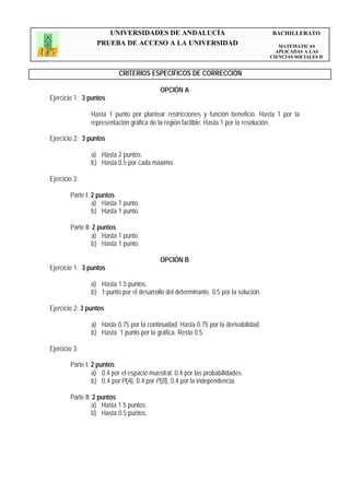 UNIVERSIDADES DE ANDALUCÍA                                       BACHILLERATO
                  PRUEBA DE ACCESO A LA UNIVERSIDAD                                      MATEMÁTICAS
                                                                                        APLICADAS A LAS
                                                                                      CIENCIAS SOCIALES II


                           CRITERIOS ESPECÍFICOS DE CORRECCIÓN

                                           OPCIÓN A
Ejercicio 1: 3 puntos

                Hasta 1 punto por plantear restricciones y función beneficio. Hasta 1 por la
                representación gráfica de la región factible. Hasta 1 por la resolución.

Ejercicio 2: 3 puntos

                a) Hasta 2 puntos.
                b) Hasta 0.5 por cada máximo.

Ejercicio 3:

        Parte I: 2 puntos
                 a) Hasta 1 punto.
                 b) Hasta 1 punto.

        Parte II: 2 puntos
                 a) Hasta 1 punto.
                 b) Hasta 1 punto.

                                           OPCIÓN B
Ejercicio 1: 3 puntos

                a) Hasta 1.5 puntos.
                b) 1 punto por el desarrollo del determinante. 0.5 por la solución.

Ejercicio 2: 3 puntos

                a) Hasta 0.75 por la continuidad. Hasta 0.75 por la derivabilidad.
                b) Hasta 1 punto por la gráfica. Resto 0.5.

Ejercicio 3:

        Parte I: 2 puntos
                 a) 0.4 por el espacio muestral. 0.4 por las probabilidades.
                 b) 0.4 por P(A), 0.4 por P(B), 0.4 por la independencia.

        Parte II: 2 puntos
                 a) Hasta 1.5 puntos.
                 b) Hasta 0.5 puntos.
 